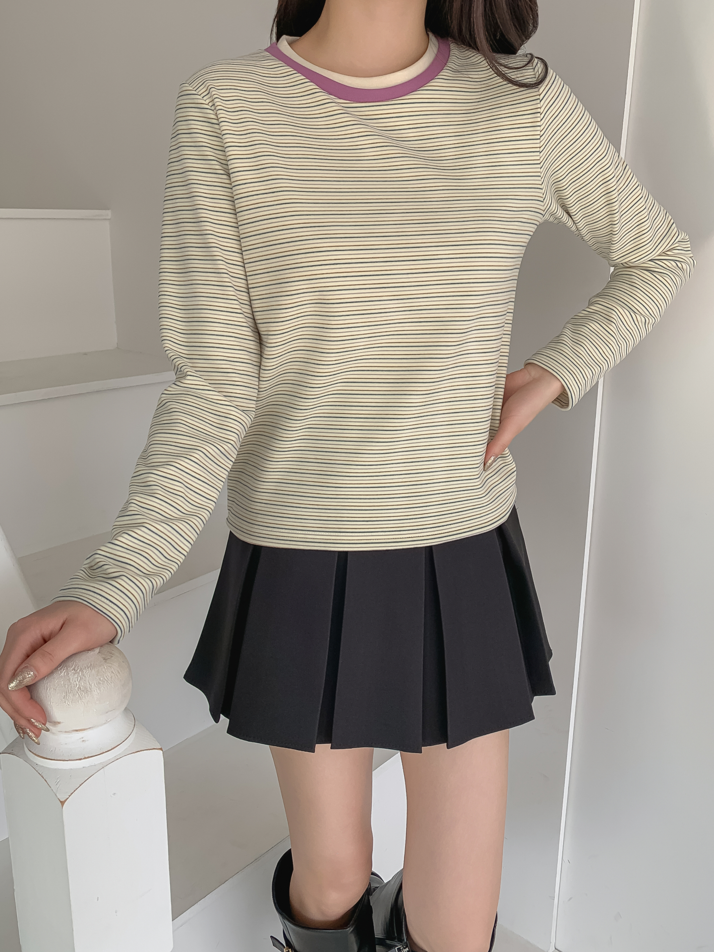 配色ラウンドネックスリム長袖ボーダーTシャツ | 詳細画像29