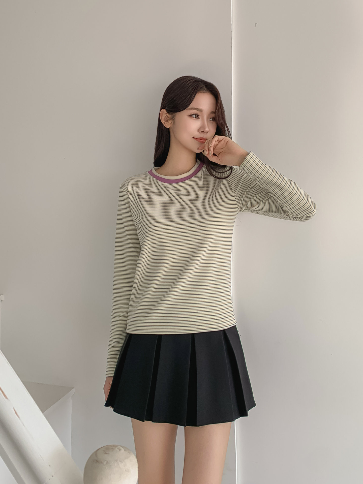 配色ラウンドネックスリム長袖ボーダーTシャツ | 詳細画像7