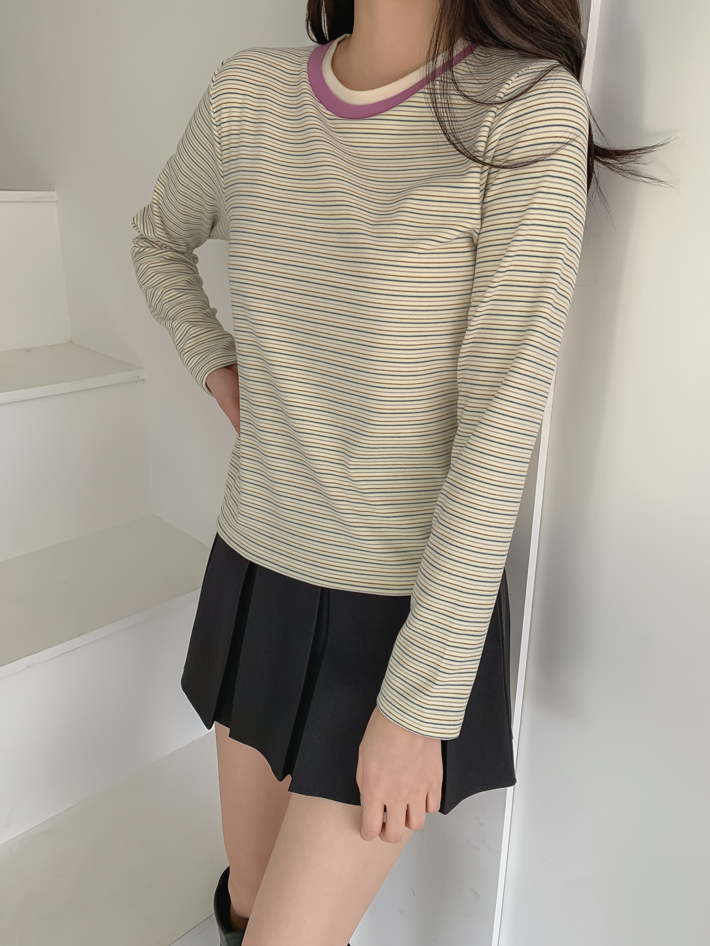 配色ラウンドネックスリム長袖ボーダーTシャツ | 詳細画像30