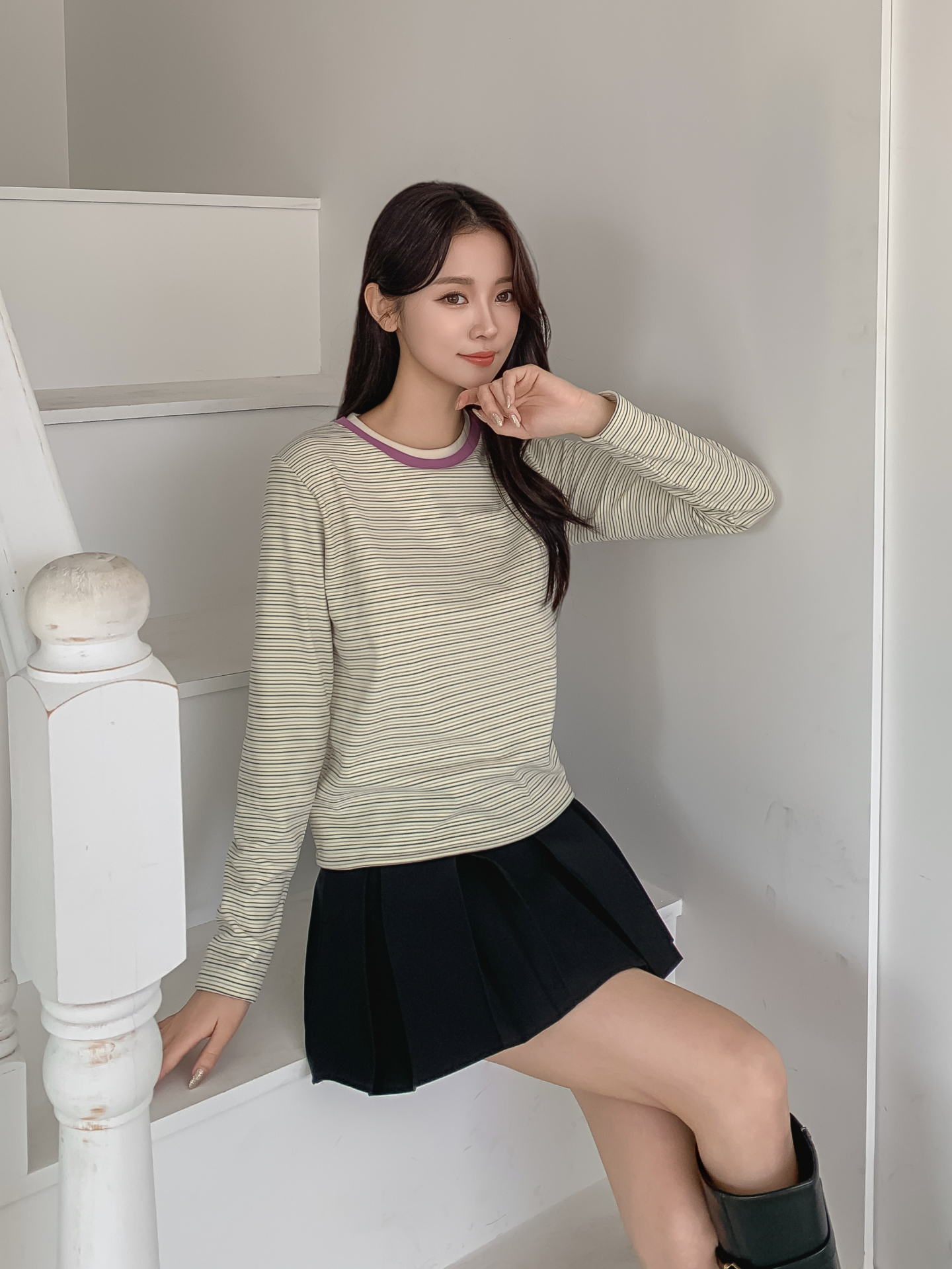 配色ラウンドネックスリム長袖ボーダーTシャツ | 詳細画像31