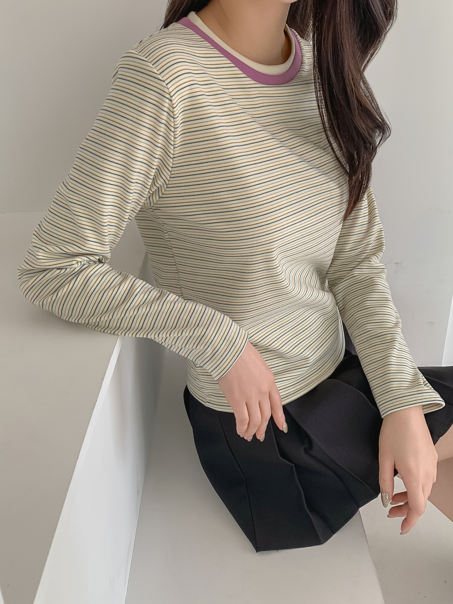 配色ラウンドネックスリム長袖ボーダーTシャツ | 詳細画像32