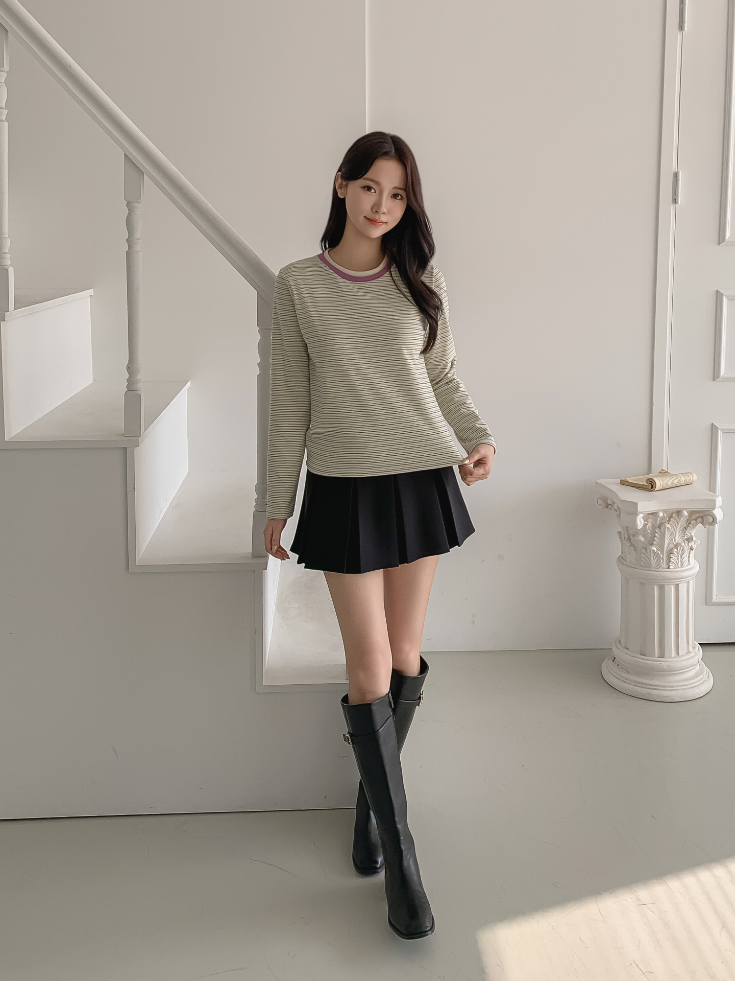 配色ラウンドネックスリム長袖ボーダーTシャツ | 詳細画像8