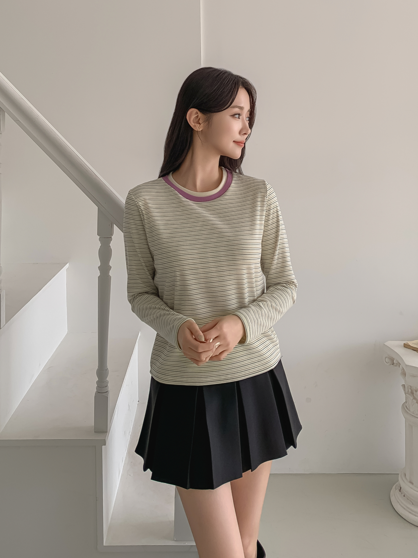 配色ラウンドネックスリム長袖ボーダーTシャツ | 詳細画像9