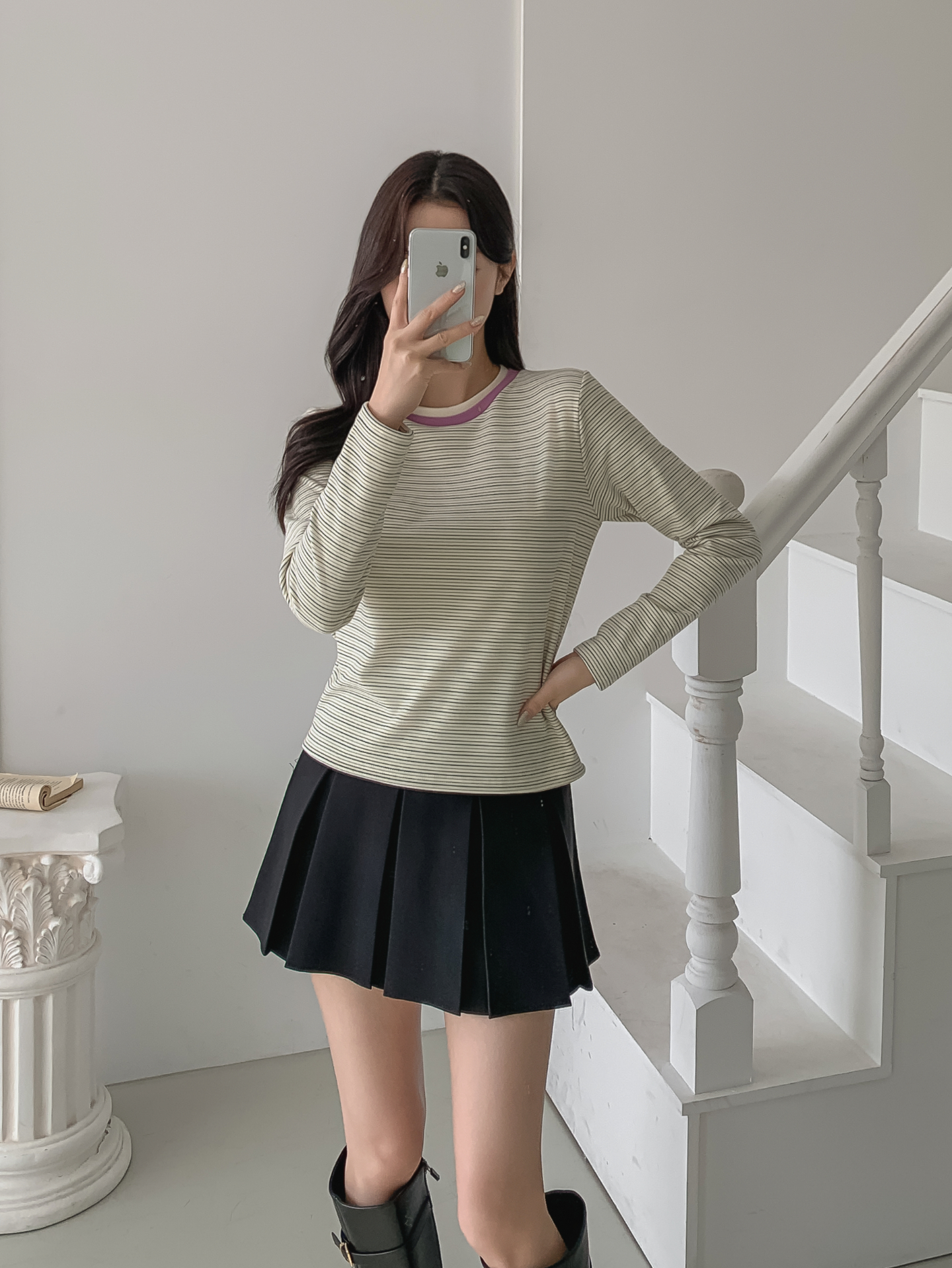 配色ラウンドネックスリム長袖ボーダーTシャツ | 詳細画像10