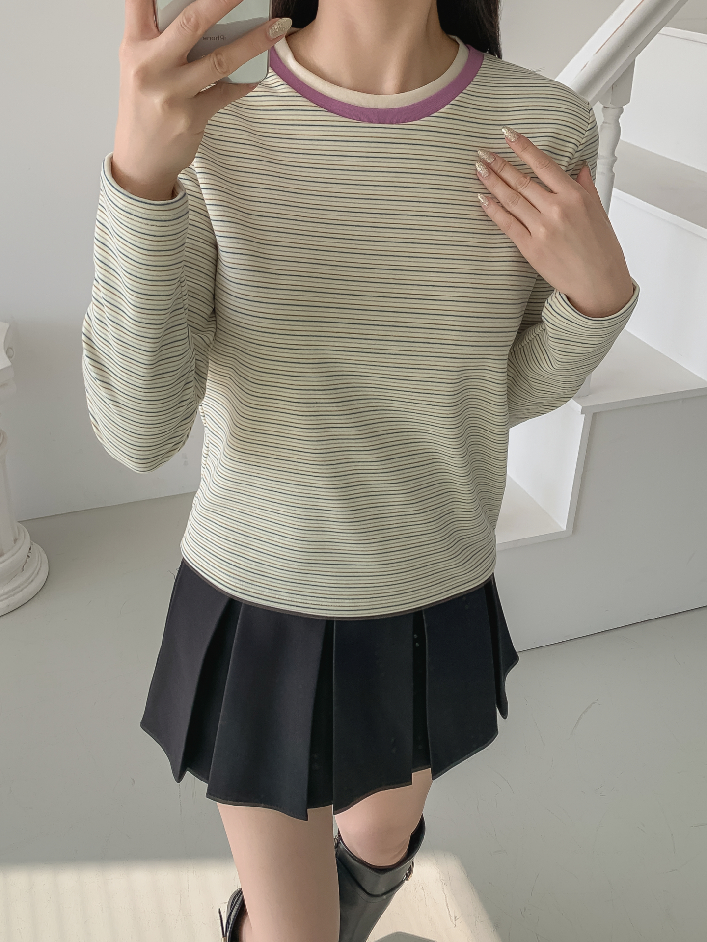 配色ラウンドネックスリム長袖ボーダーTシャツ | 詳細画像34