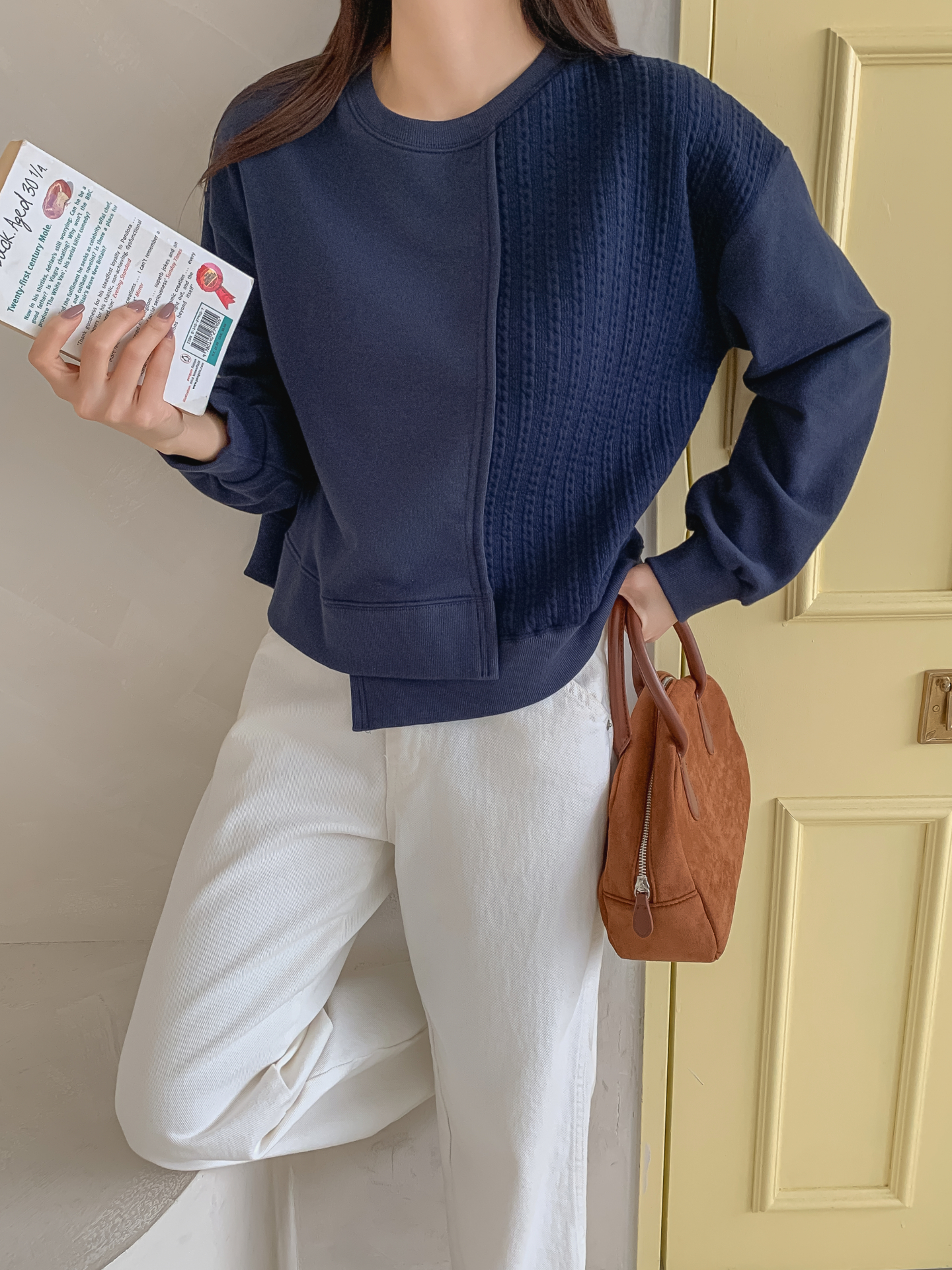 ニットコンビラウンドネックルーズ長袖スウェット | 詳細画像9