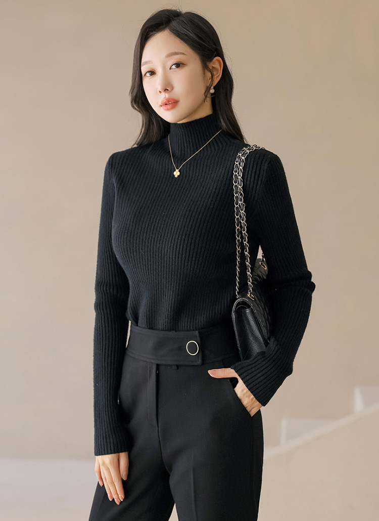 リブシンプルベーシックタートルネックカラーニット | レディース