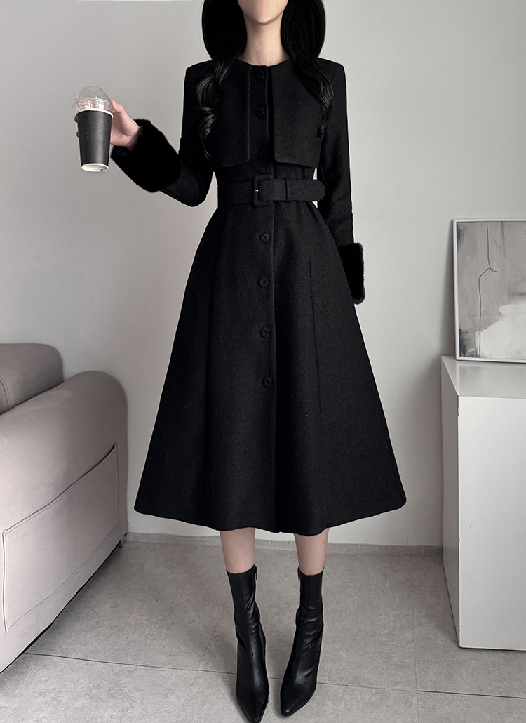 フォックスファーキルティングウール混フレア長袖Aラインロングボタン