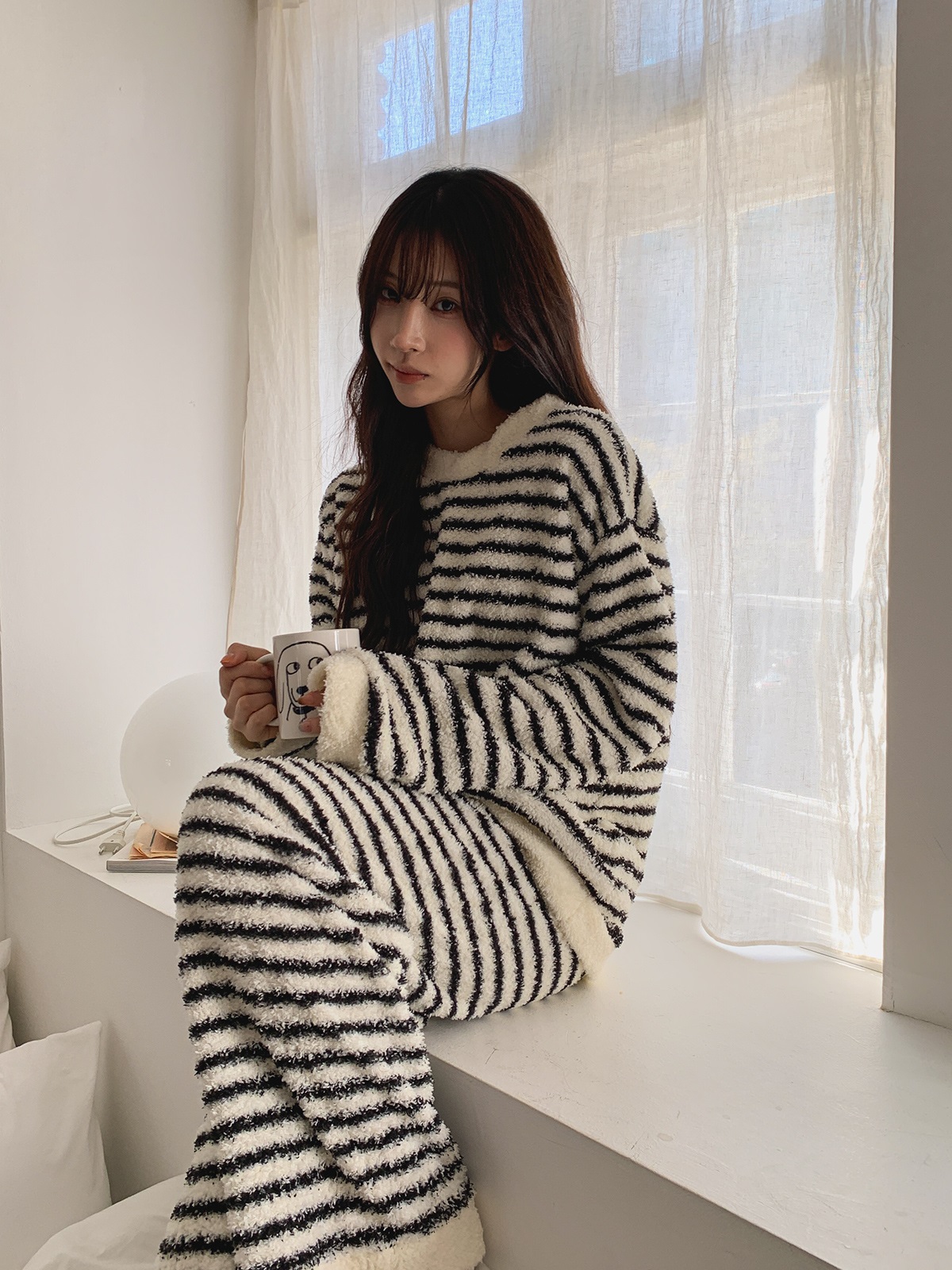 ソフトラウンドネックウエストゴム長袖ボーダーパンツTシャツパジャマSET | 詳細画像3