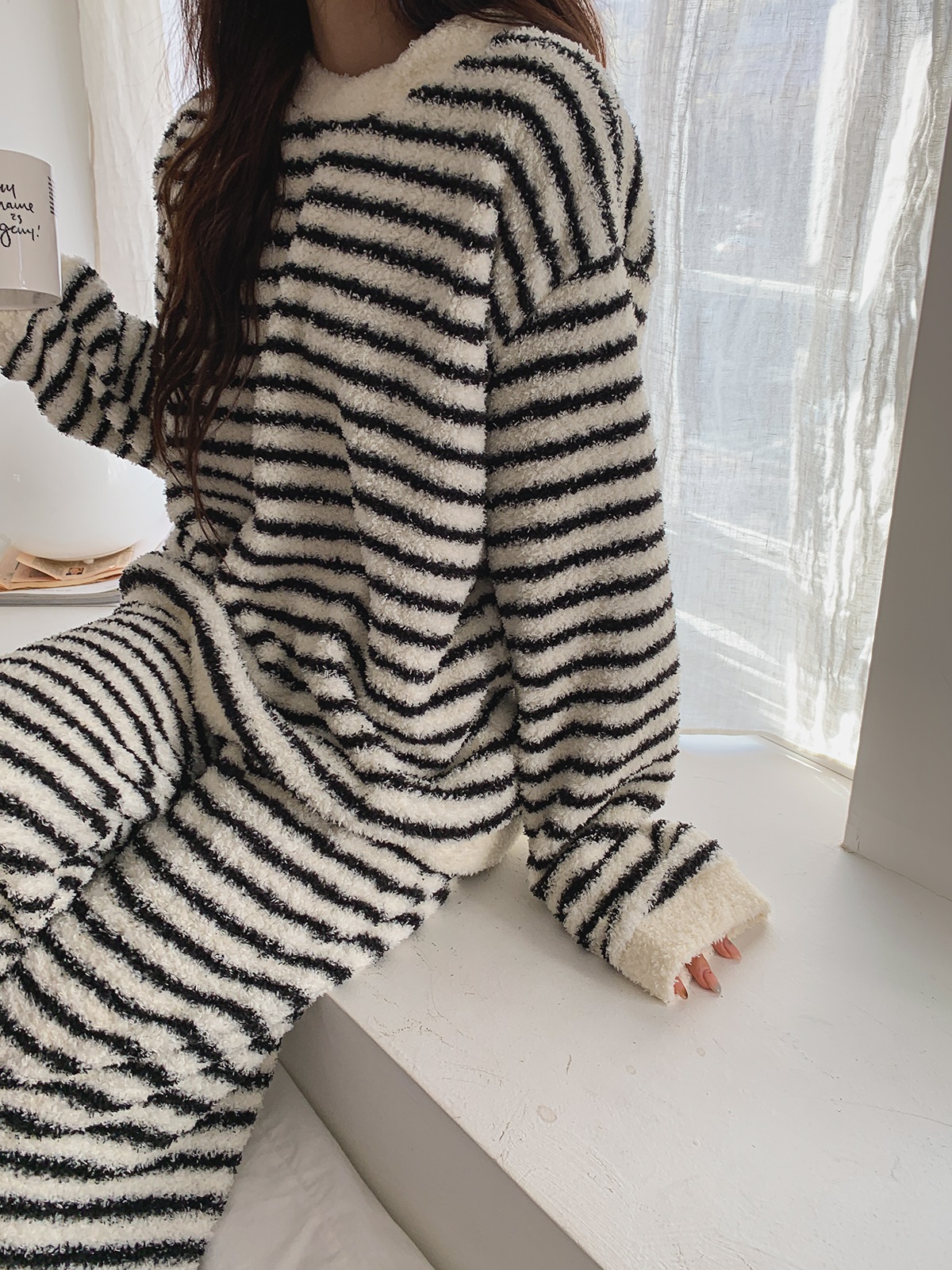 ソフトラウンドネックウエストゴム長袖ボーダーパンツTシャツパジャマSET | 詳細画像4