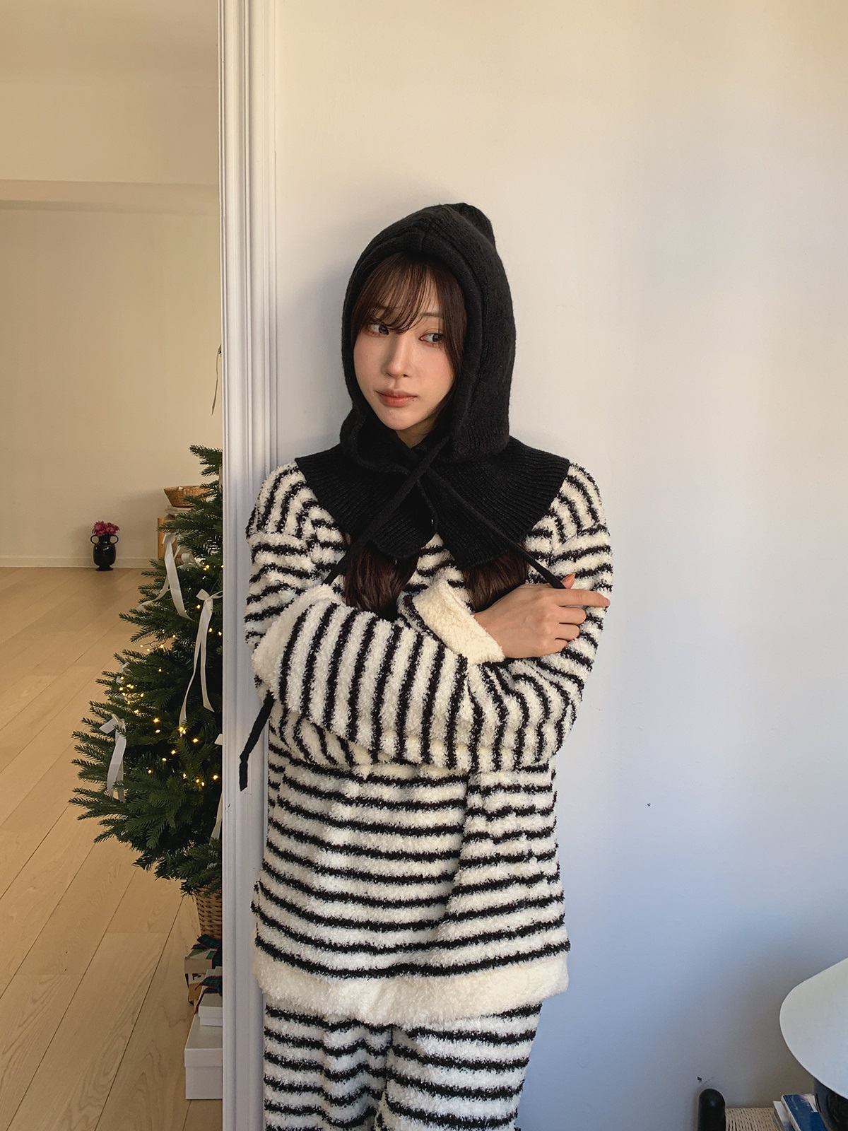 ソフトラウンドネックウエストゴム長袖ボーダーパンツTシャツパジャマSET | 詳細画像10