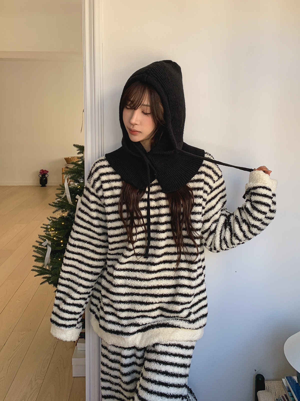 ソフトラウンドネックウエストゴム長袖ボーダーパンツTシャツパジャマSET | 詳細画像15