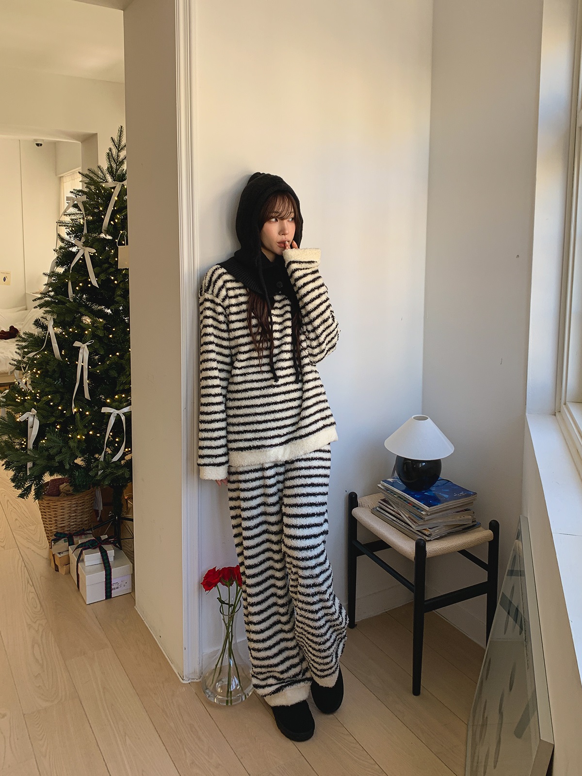 ソフトラウンドネックウエストゴム長袖ボーダーパンツTシャツパジャマSET | 詳細画像16