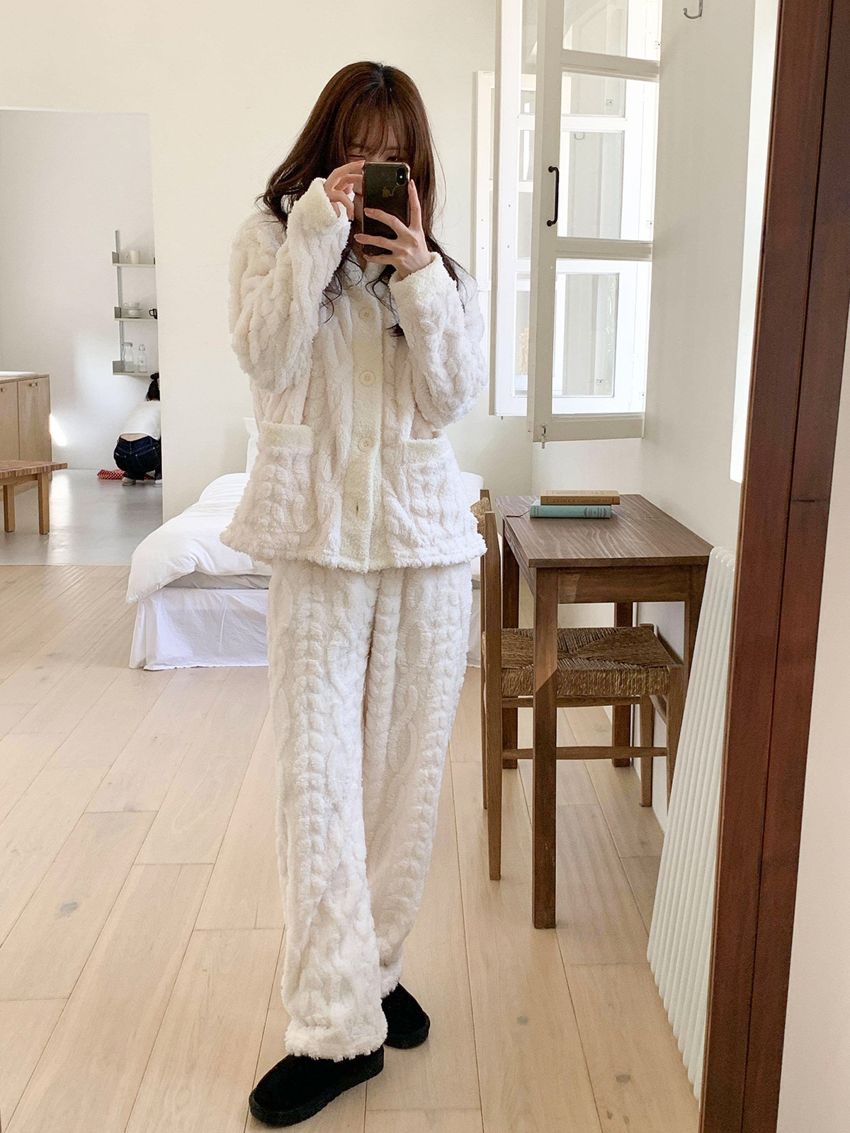 ソフトマイクロファイバーボタンウエストゴム長袖配色ケーブルパンツカーディガンパジャマSET | 詳細画像2