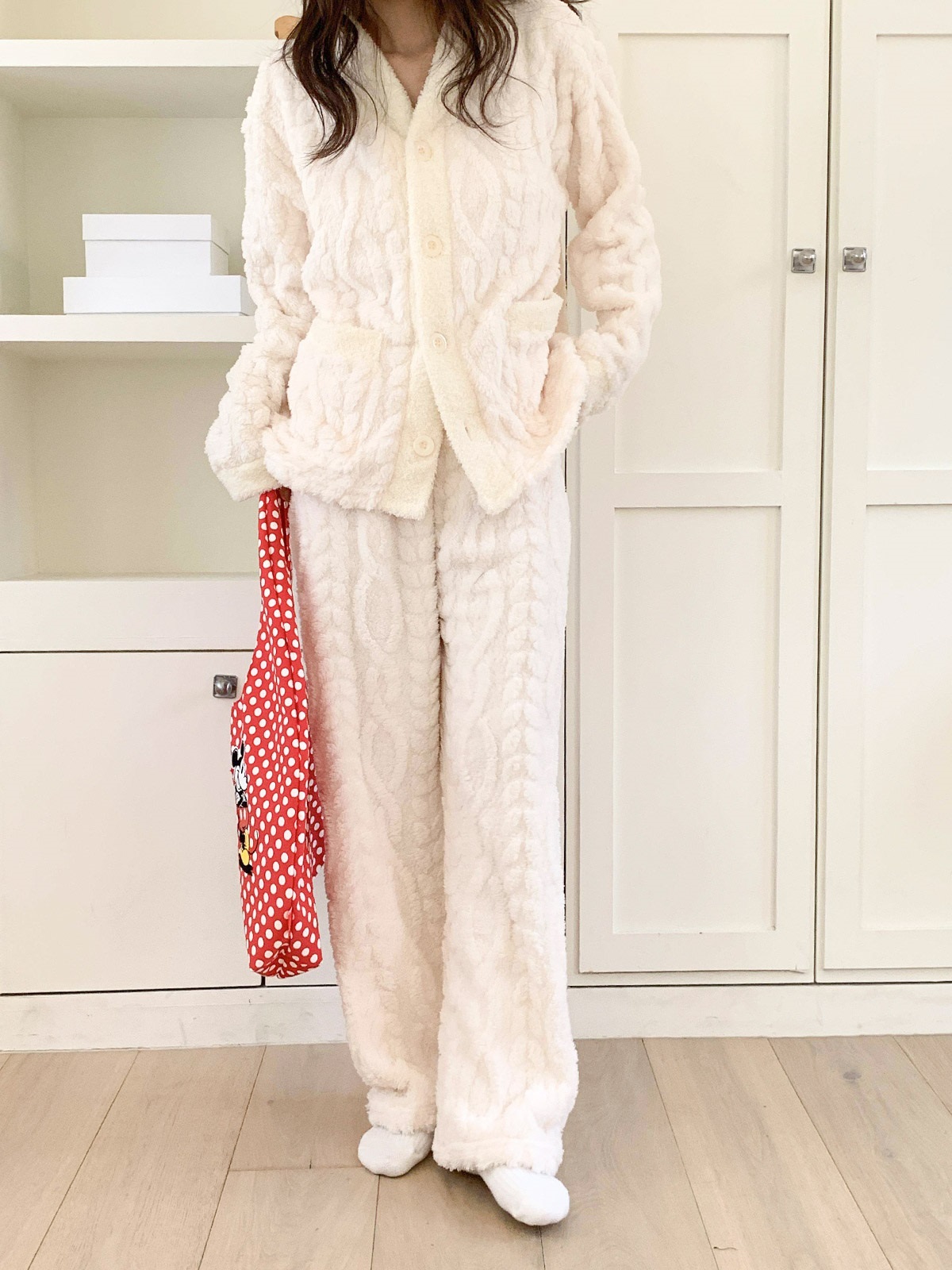 ソフトマイクロファイバーボタンウエストゴム長袖配色ケーブルパンツカーディガンパジャマSET | 詳細画像3