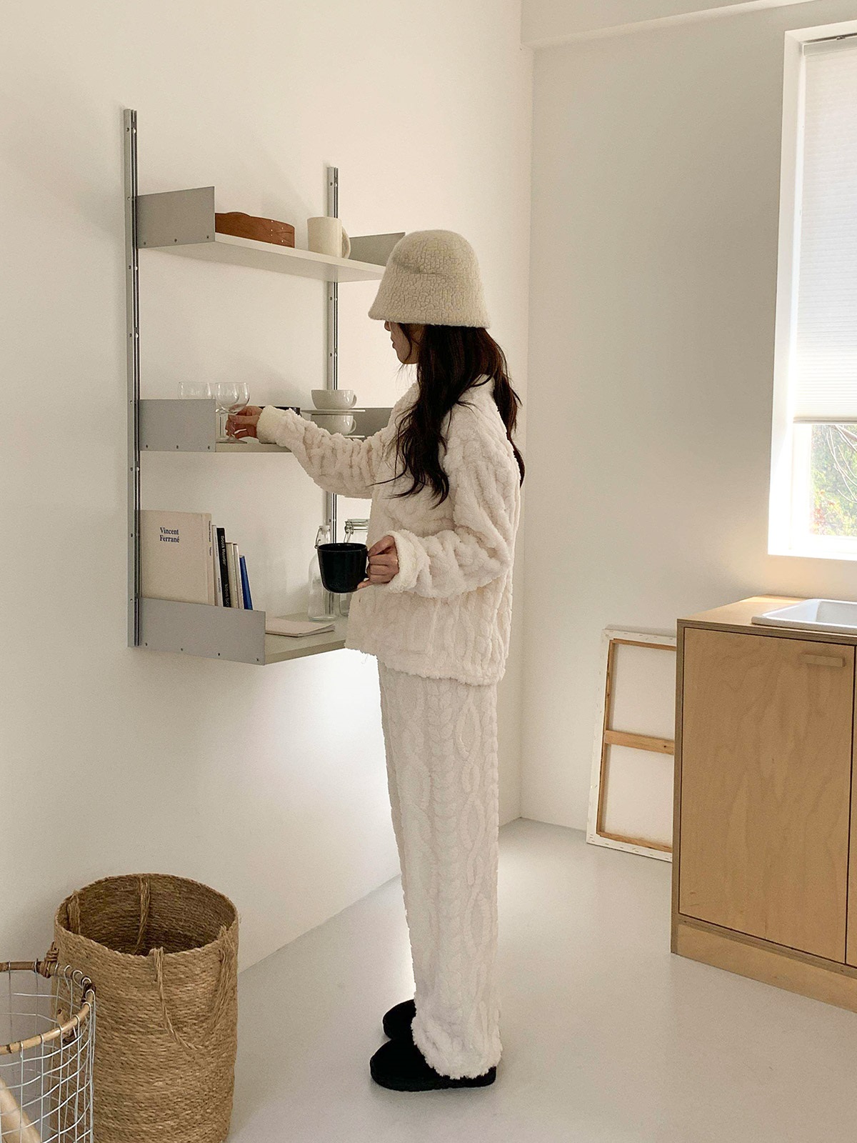 ソフトマイクロファイバーボタンウエストゴム長袖配色ケーブルパンツカーディガンパジャマSET | 詳細画像8