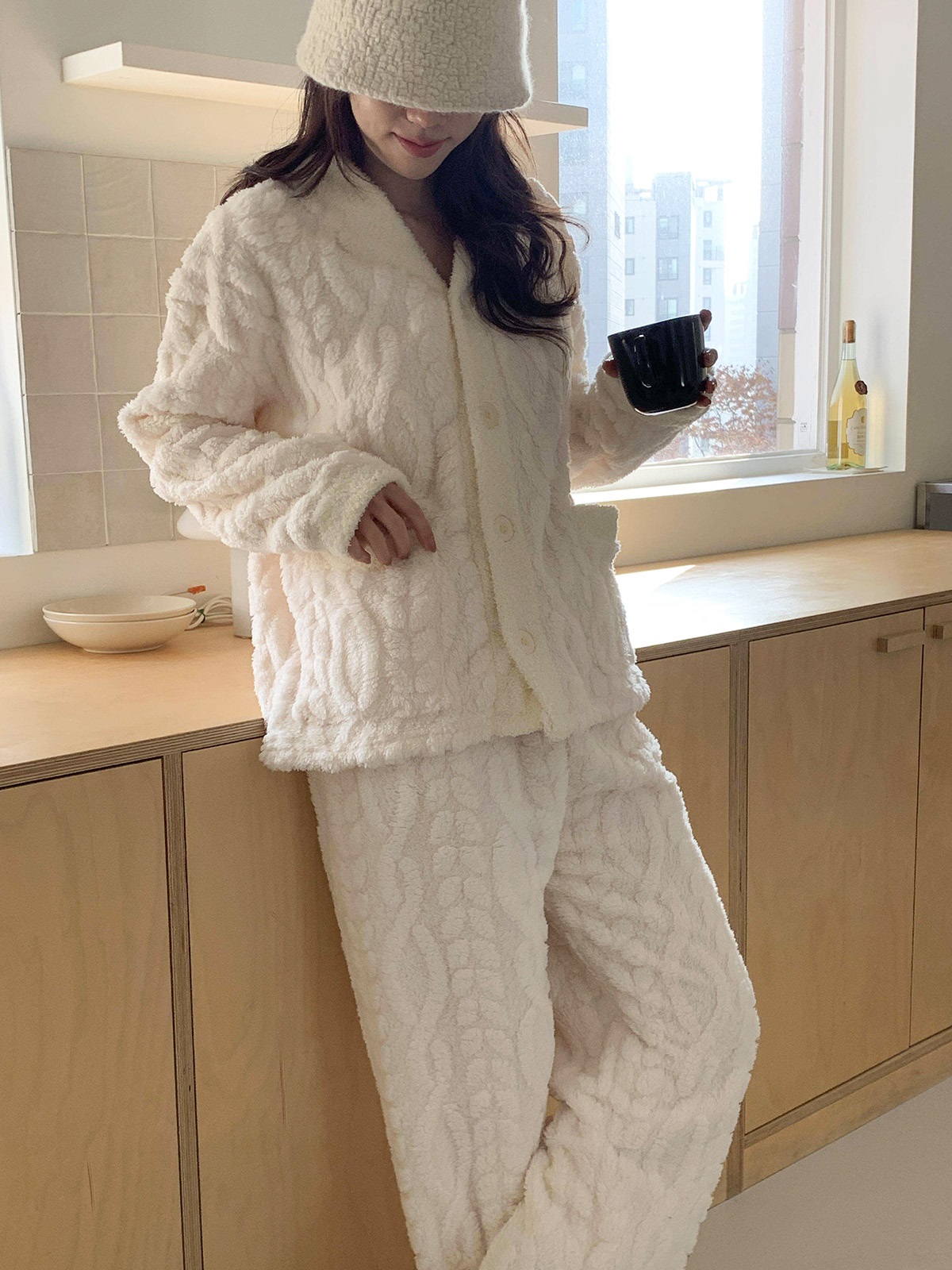 ソフトマイクロファイバーボタンウエストゴム長袖配色ケーブルパンツカーディガンパジャマSET | 詳細画像11