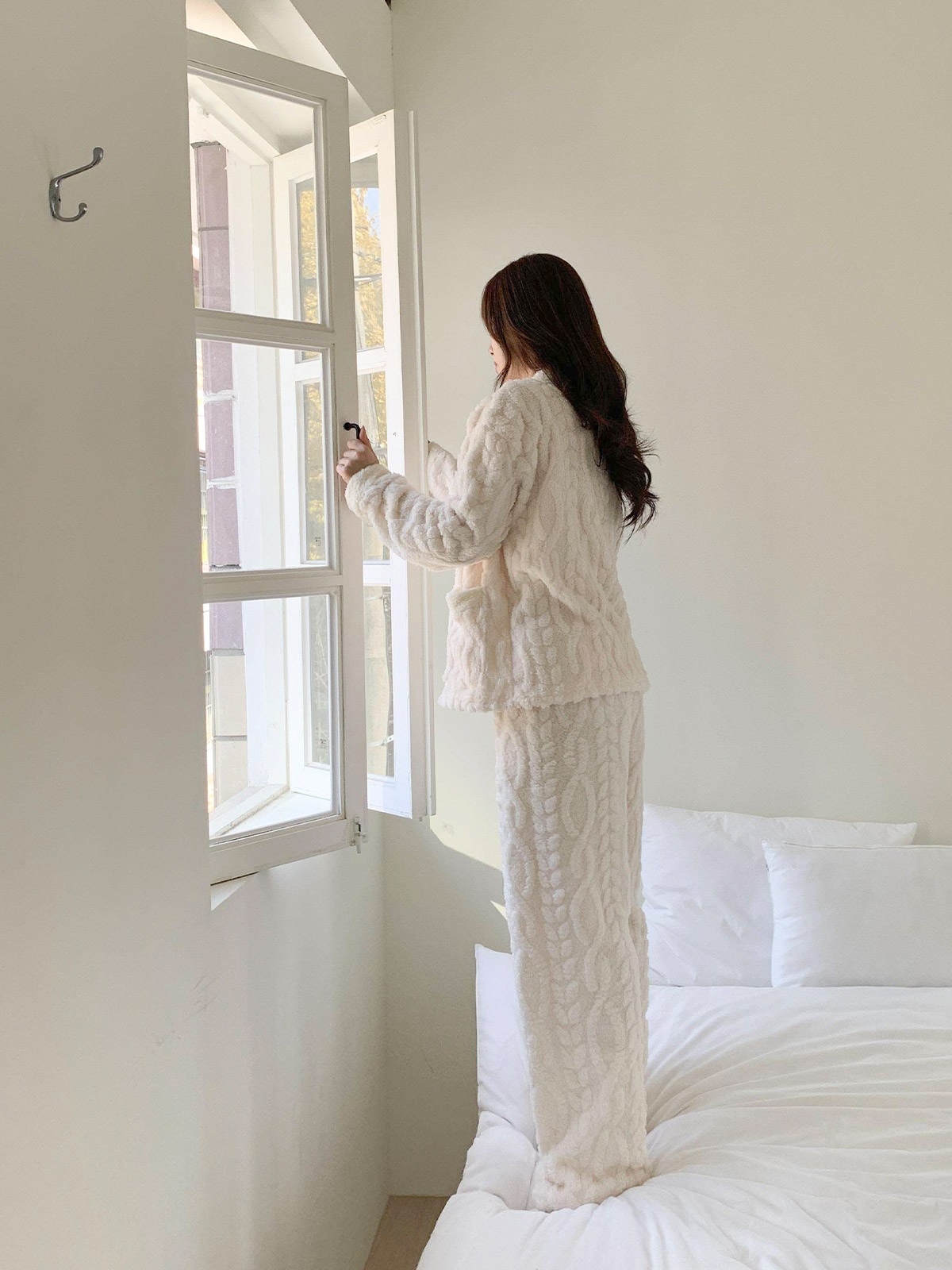 ソフトマイクロファイバーボタンウエストゴム長袖配色ケーブルパンツカーディガンパジャマSET | 詳細画像12