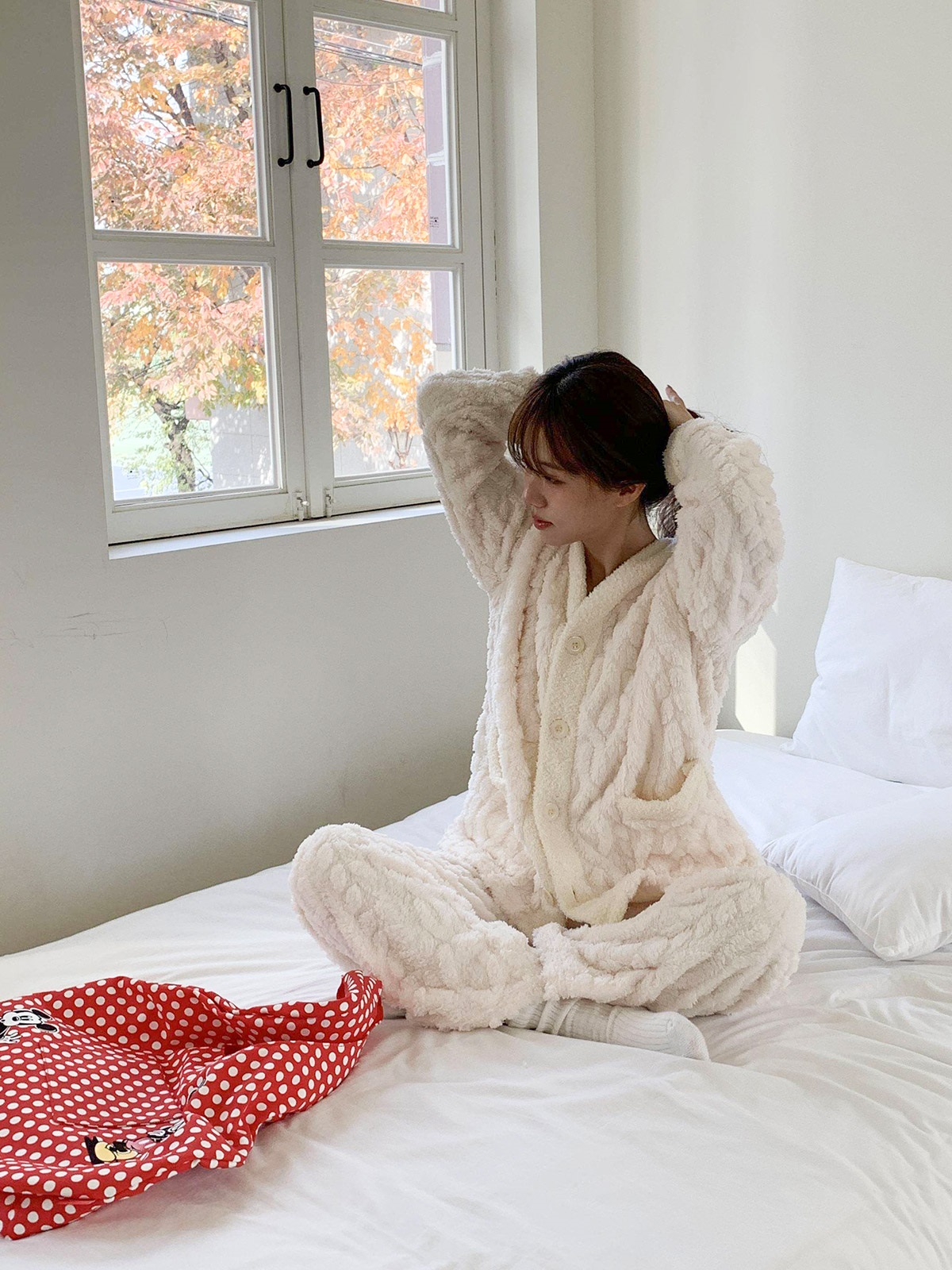 ソフトマイクロファイバーボタンウエストゴム長袖配色ケーブルパンツカーディガンパジャマSET | 詳細画像13