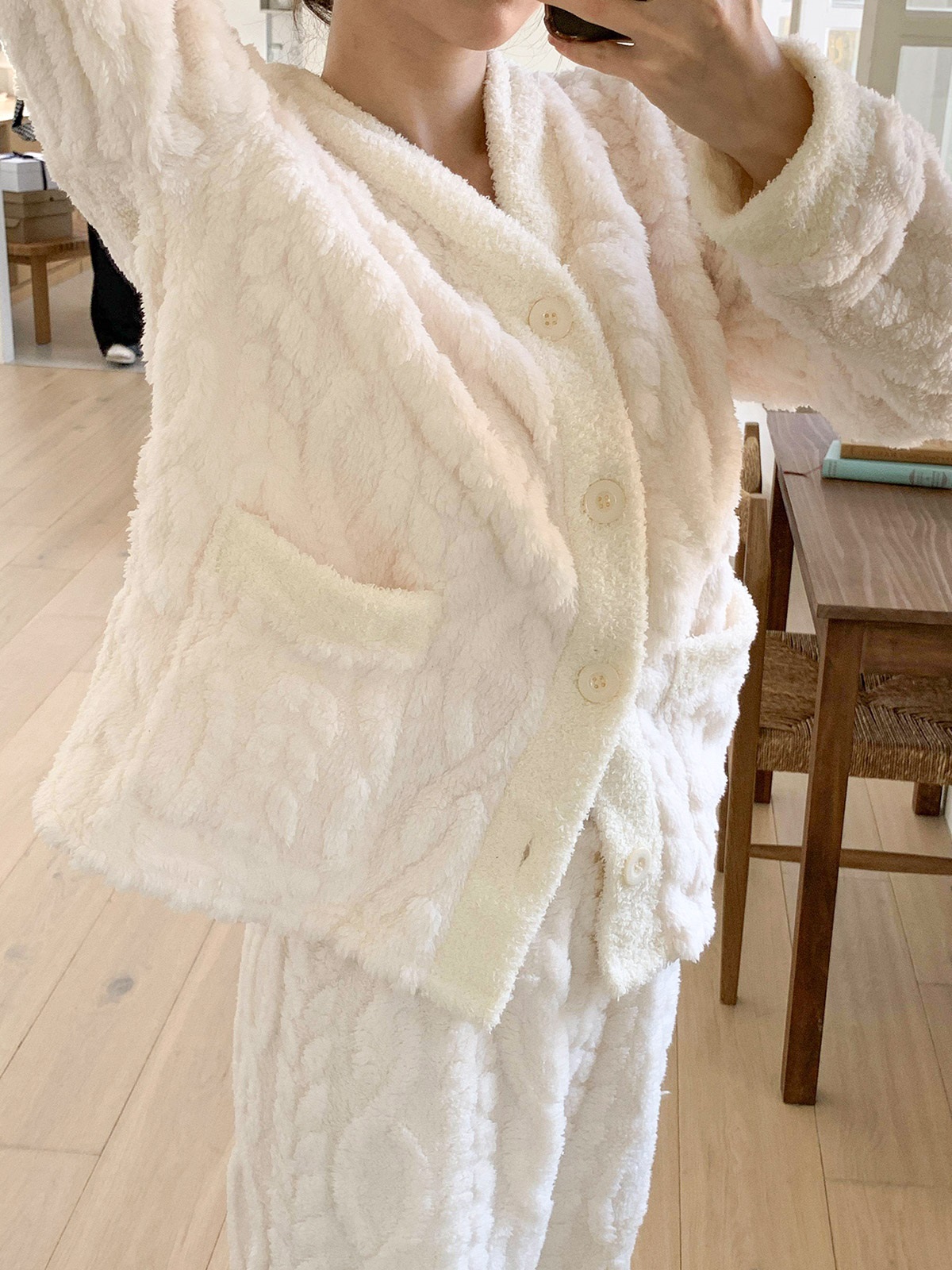 ソフトマイクロファイバーボタンウエストゴム長袖配色ケーブルパンツカーディガンパジャマSET | 詳細画像16