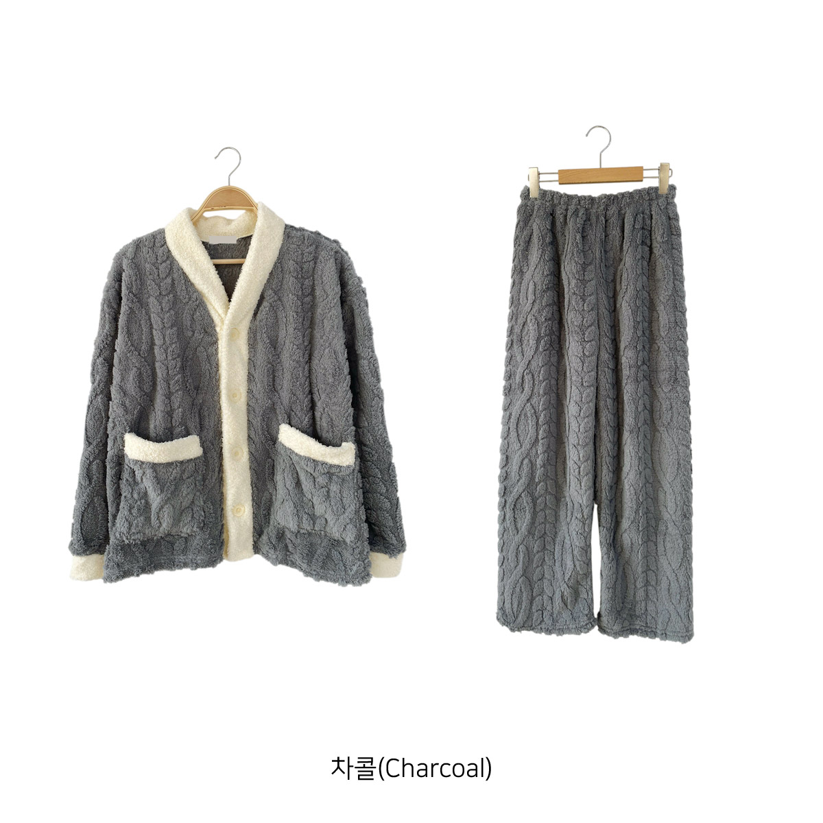 ソフトマイクロファイバーボタンウエストゴム長袖配色ケーブルパンツカーディガンパジャマSET | 詳細画像19