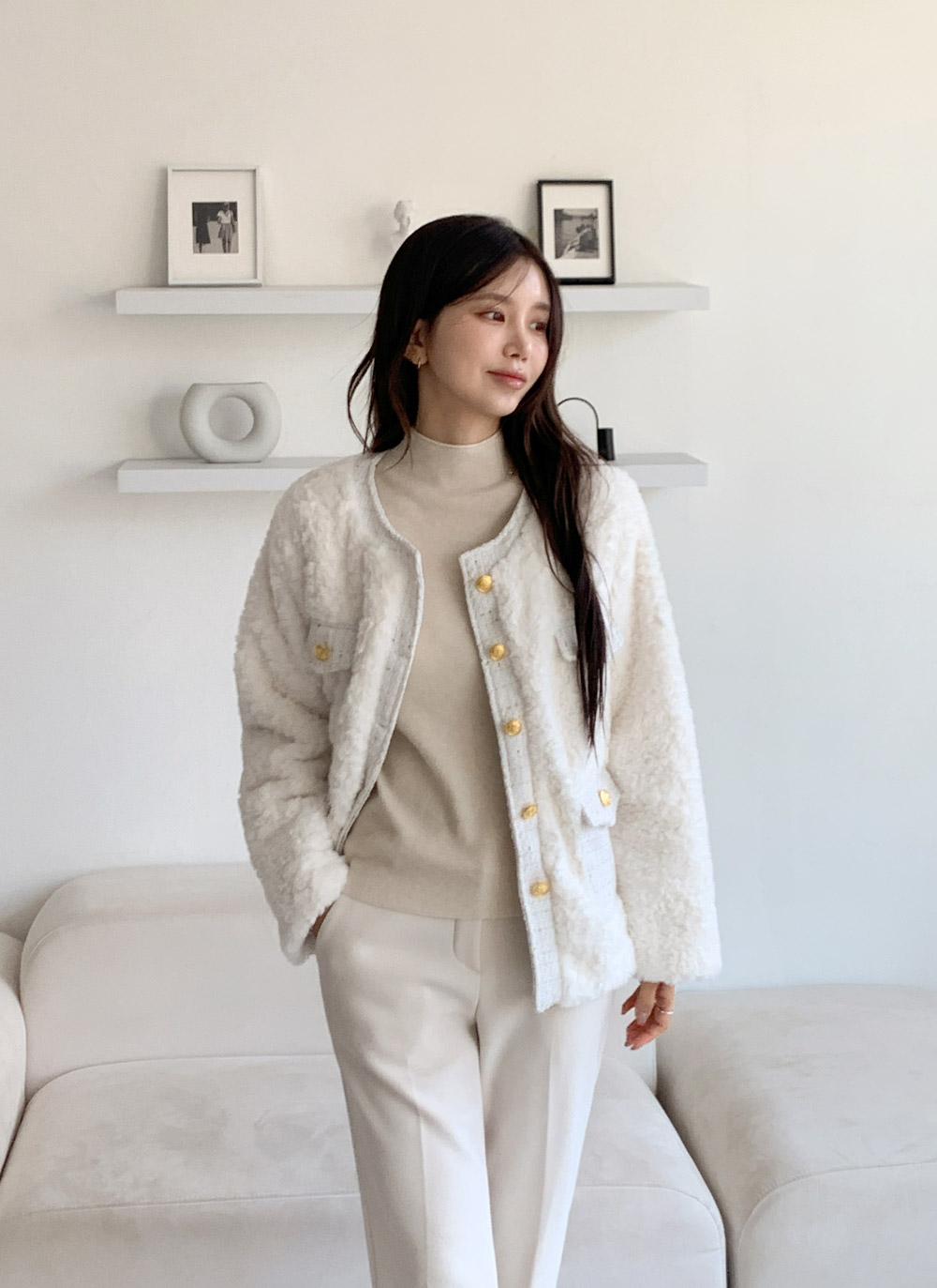 ツイードキルティングコンビエコファーラウンドネックジャケット | DHOLIC | 詳細画像5