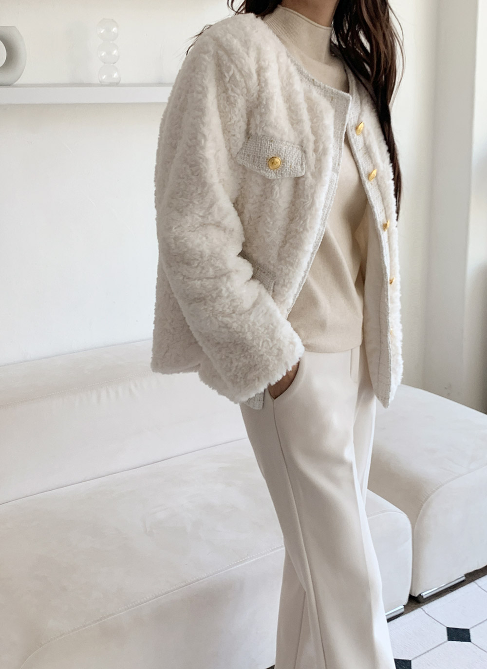 ツイードキルティングコンビエコファーラウンドネックジャケット | DHOLIC | 詳細画像6