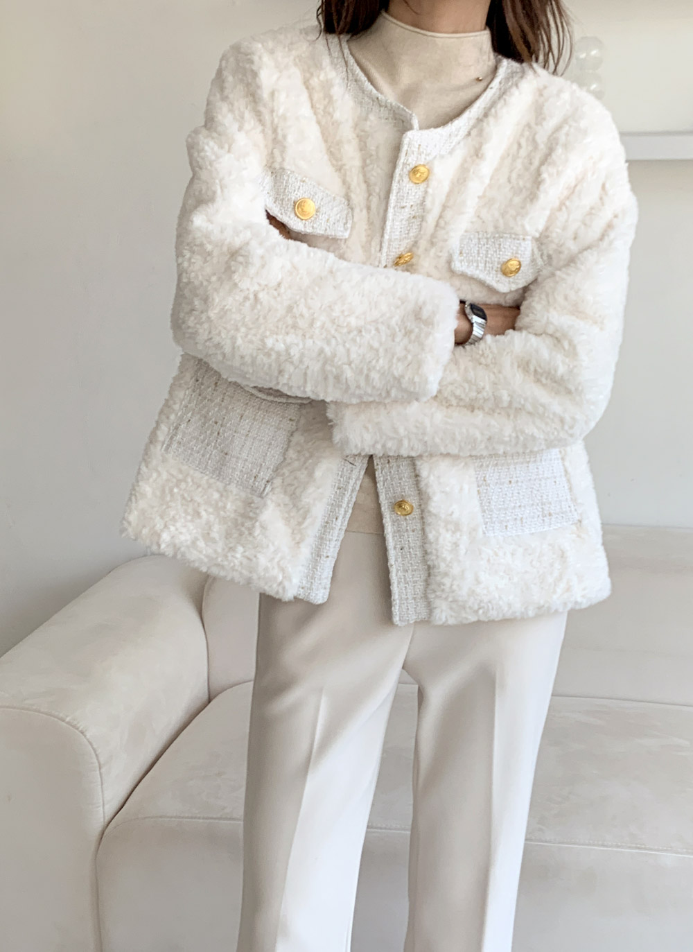 ツイードキルティングコンビエコファーラウンドネックジャケット | DHOLIC | 詳細画像13