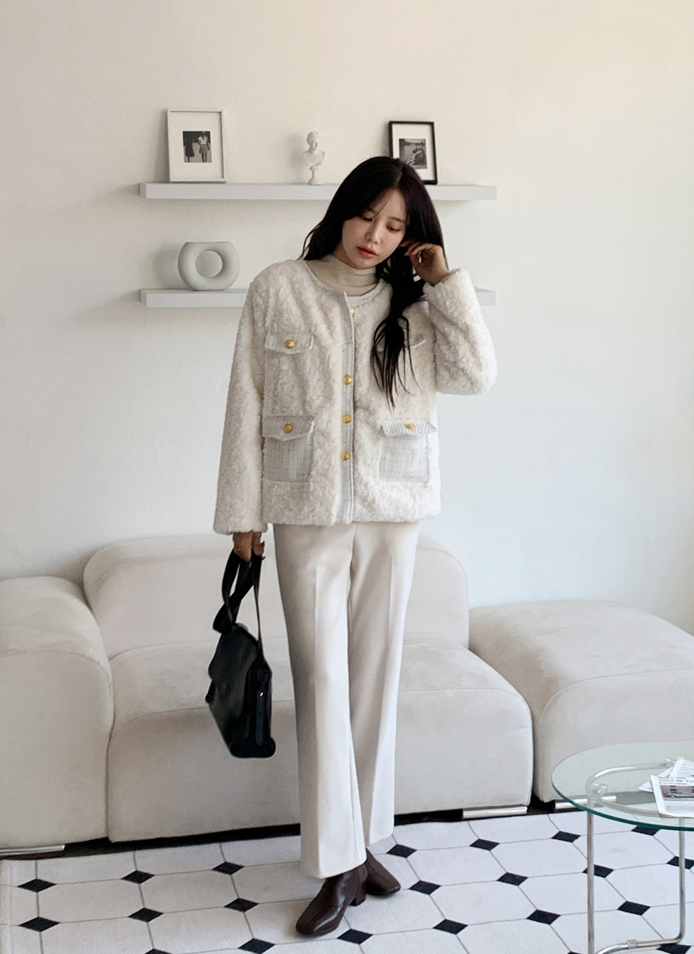 ツイードキルティングコンビエコファーラウンドネックジャケット | DHOLIC | 詳細画像15