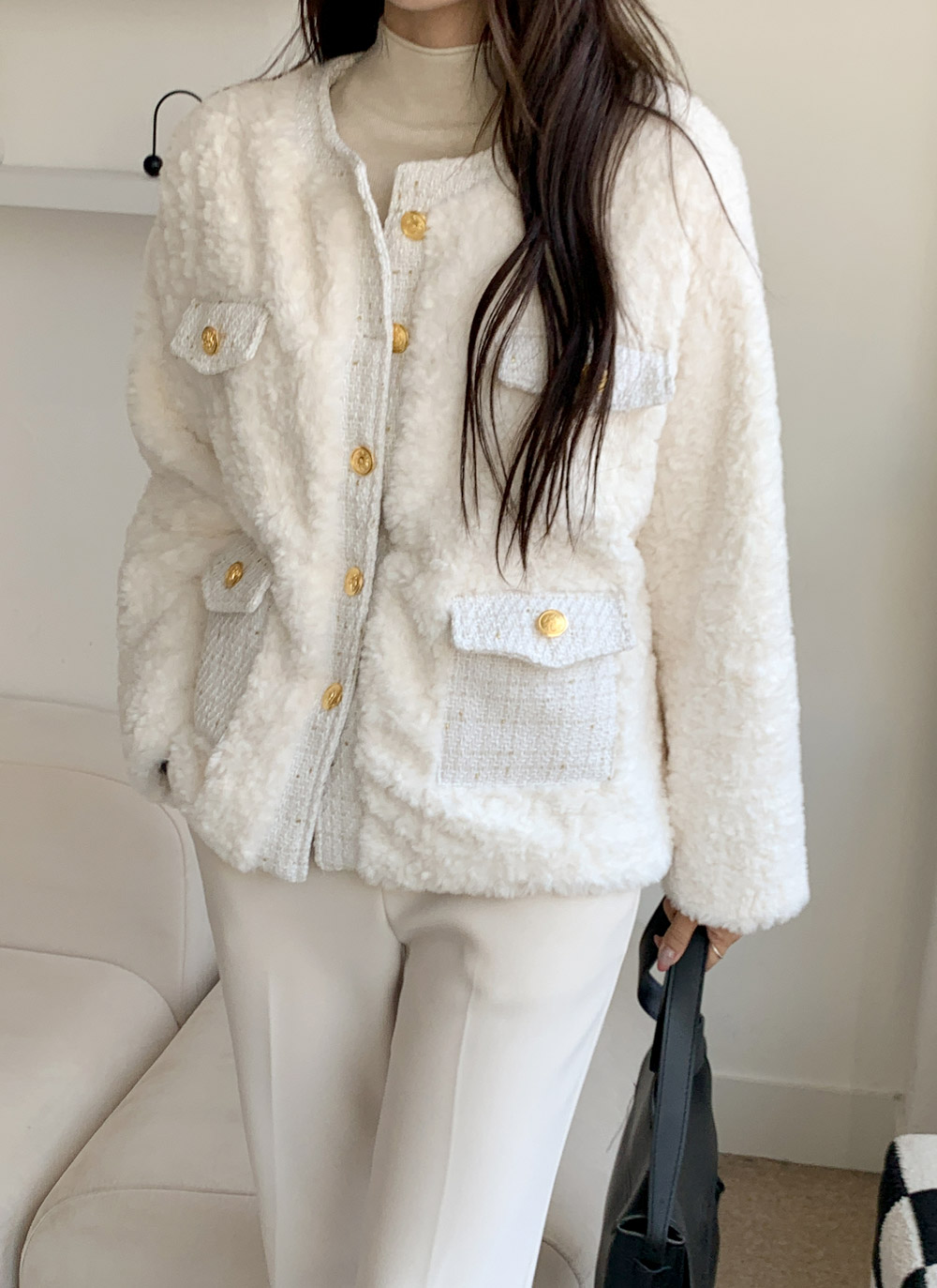 ツイードキルティングコンビエコファーラウンドネックジャケット | DHOLIC | 詳細画像16