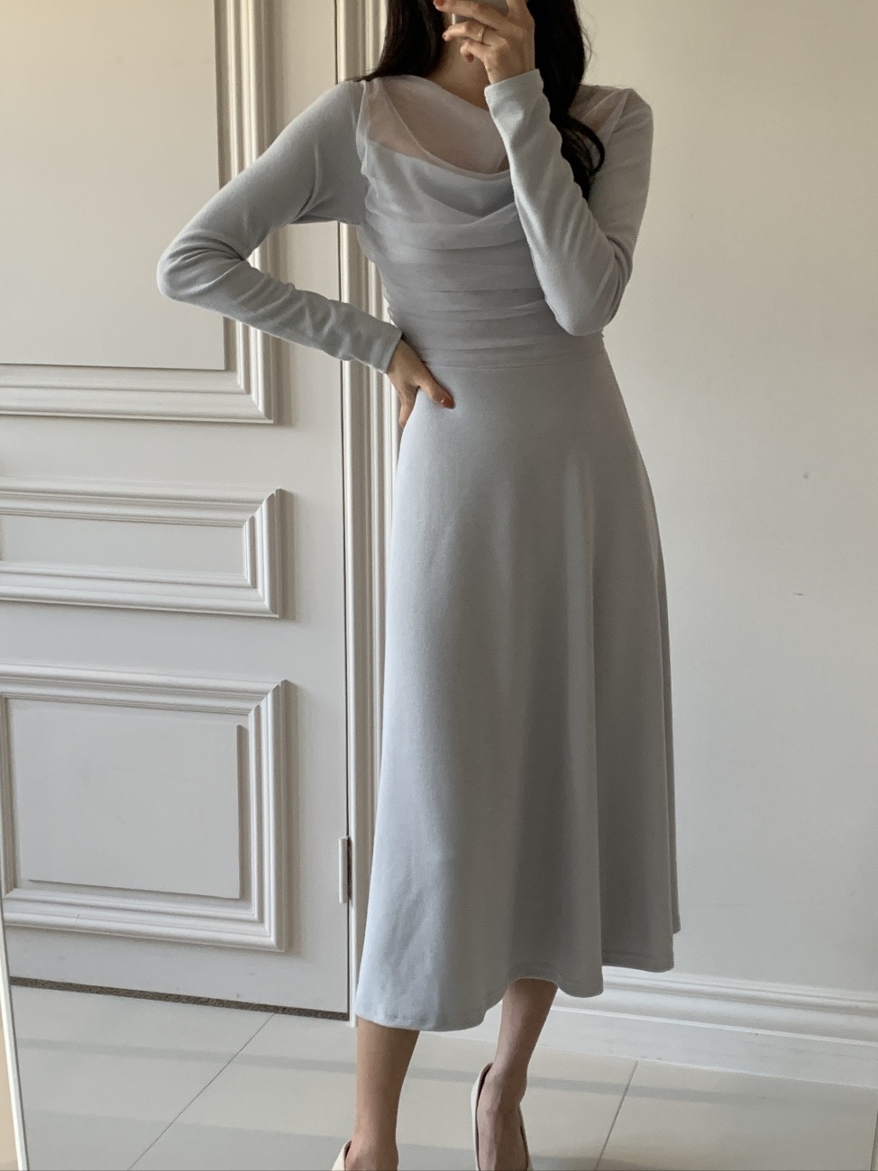 シフォンコンビスリムレイヤード風ロング長袖フレアワンピース | 詳細画像2