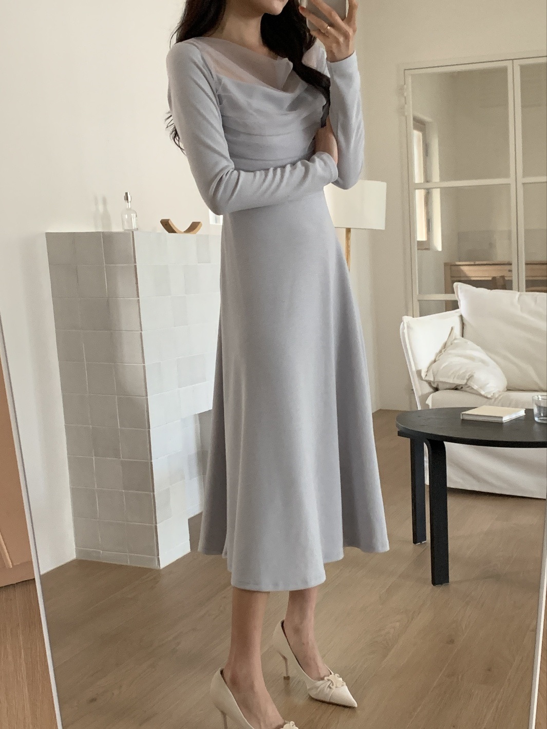 シフォンコンビスリムレイヤード風ロング長袖フレアワンピース | 詳細画像3