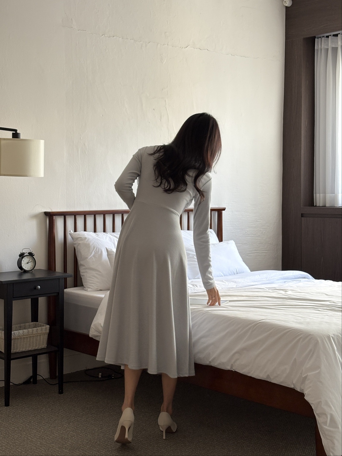 シフォンコンビスリムレイヤード風ロング長袖フレアワンピース | 詳細画像4