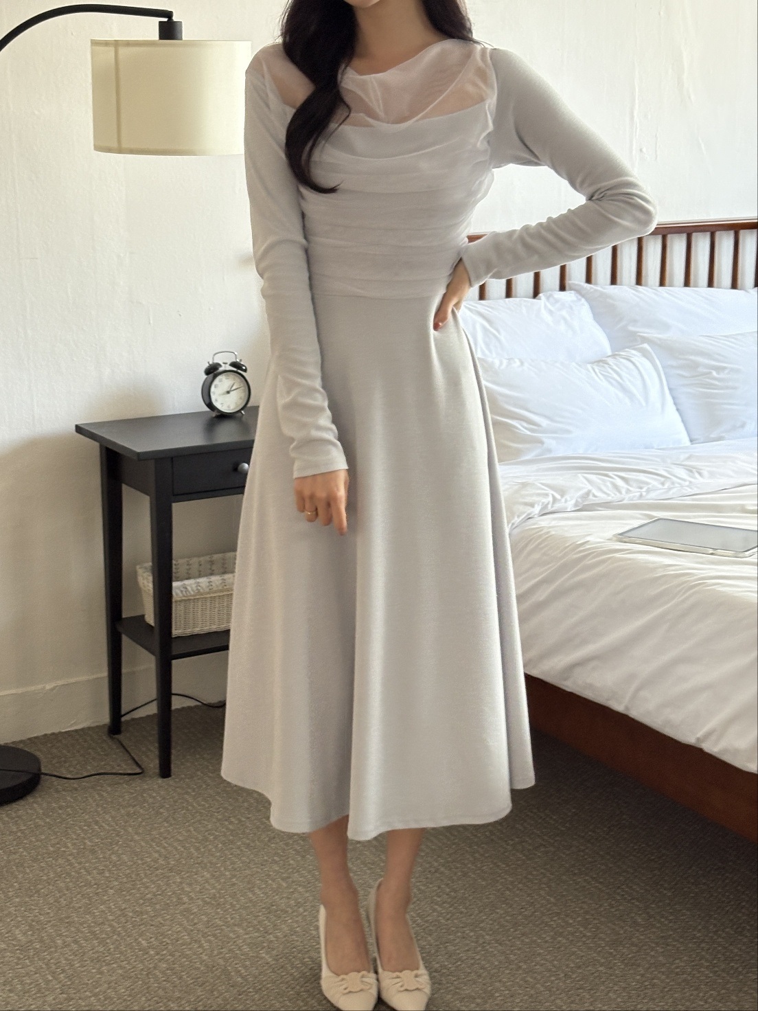 シフォンコンビスリムレイヤード風ロング長袖フレアワンピース | 詳細画像5