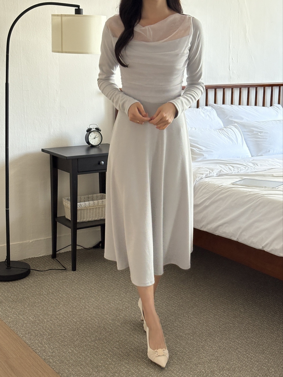 シフォンコンビスリムレイヤード風ロング長袖フレアワンピース | 詳細画像6