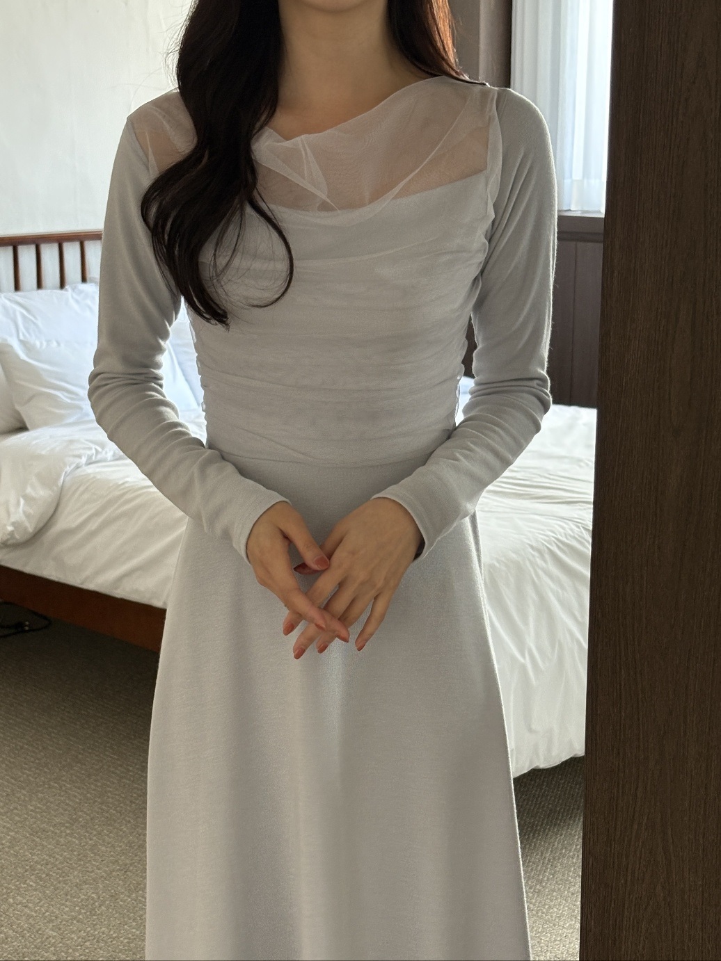 シフォンコンビスリムレイヤード風ロング長袖フレアワンピース | 詳細画像7