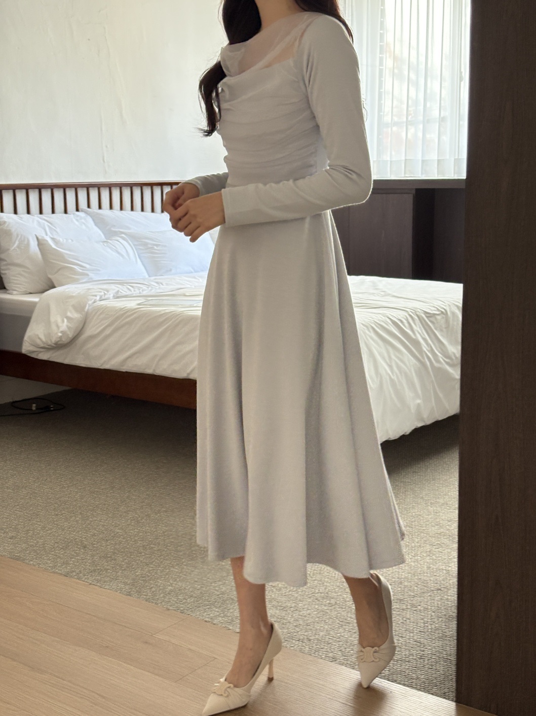 シフォンコンビスリムレイヤード風ロング長袖フレアワンピース | 詳細画像8