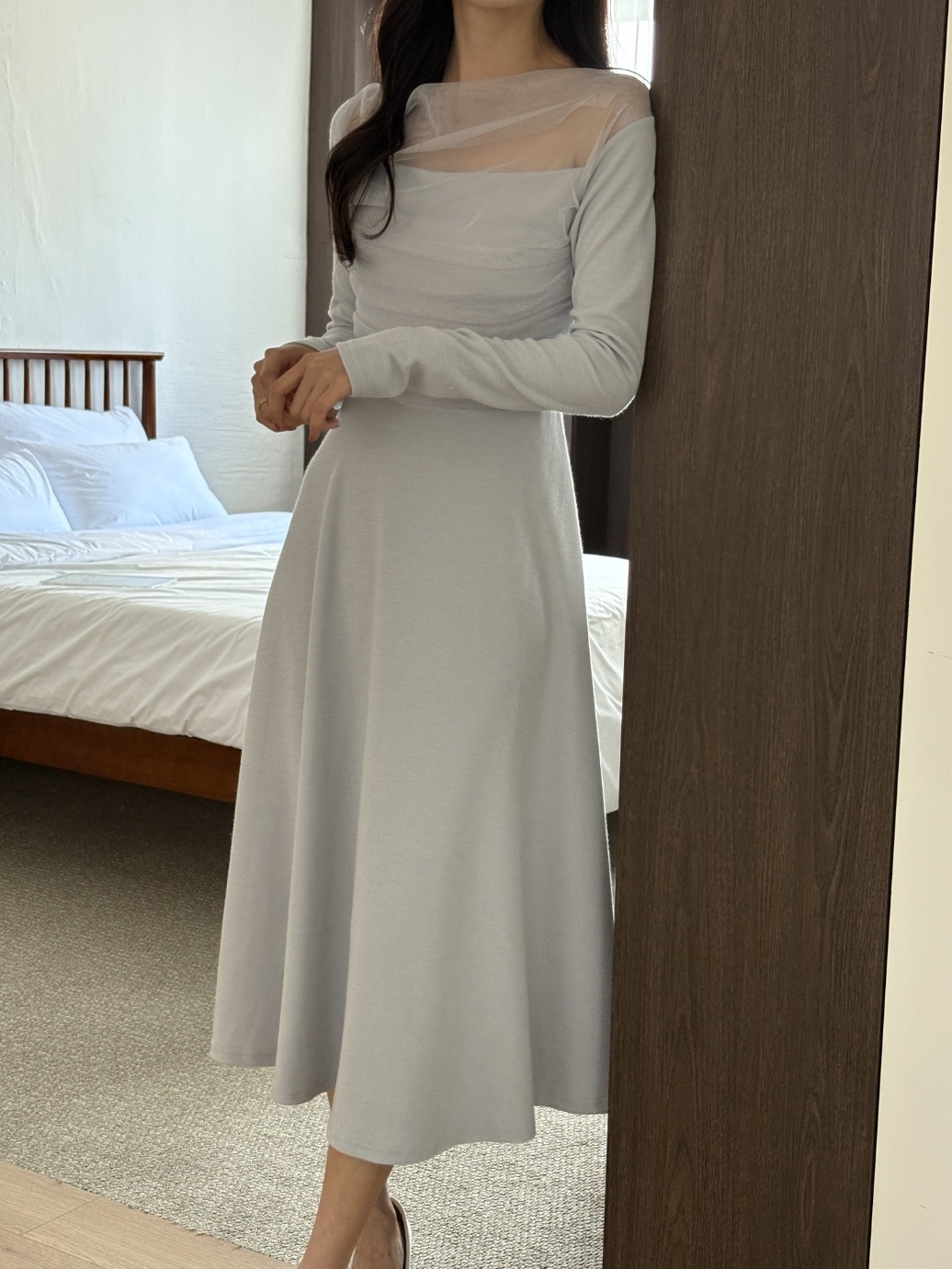 シフォンコンビスリムレイヤード風ロング長袖フレアワンピース | 詳細画像9