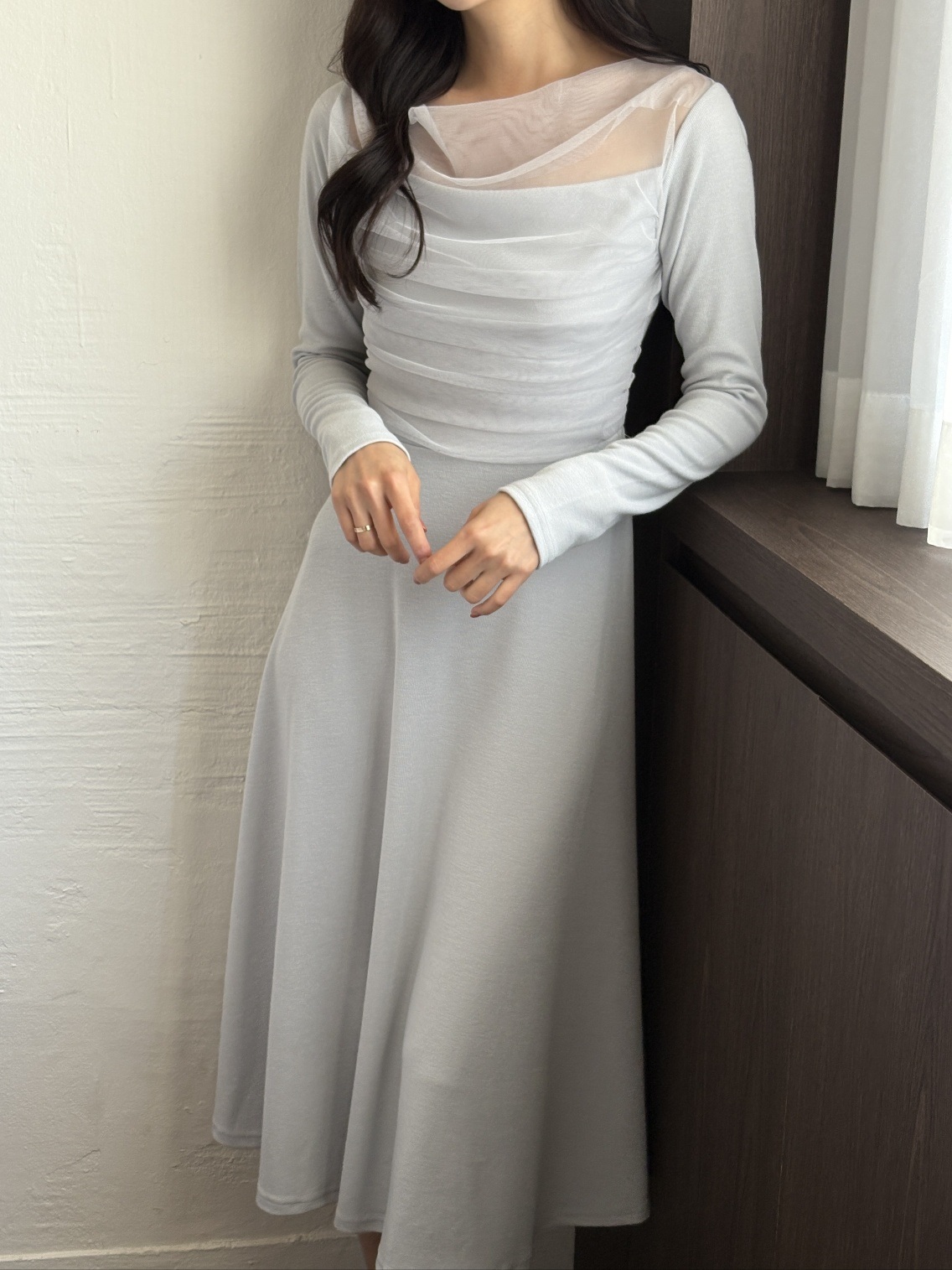 シフォンコンビスリムレイヤード風ロング長袖フレアワンピース | 詳細画像10