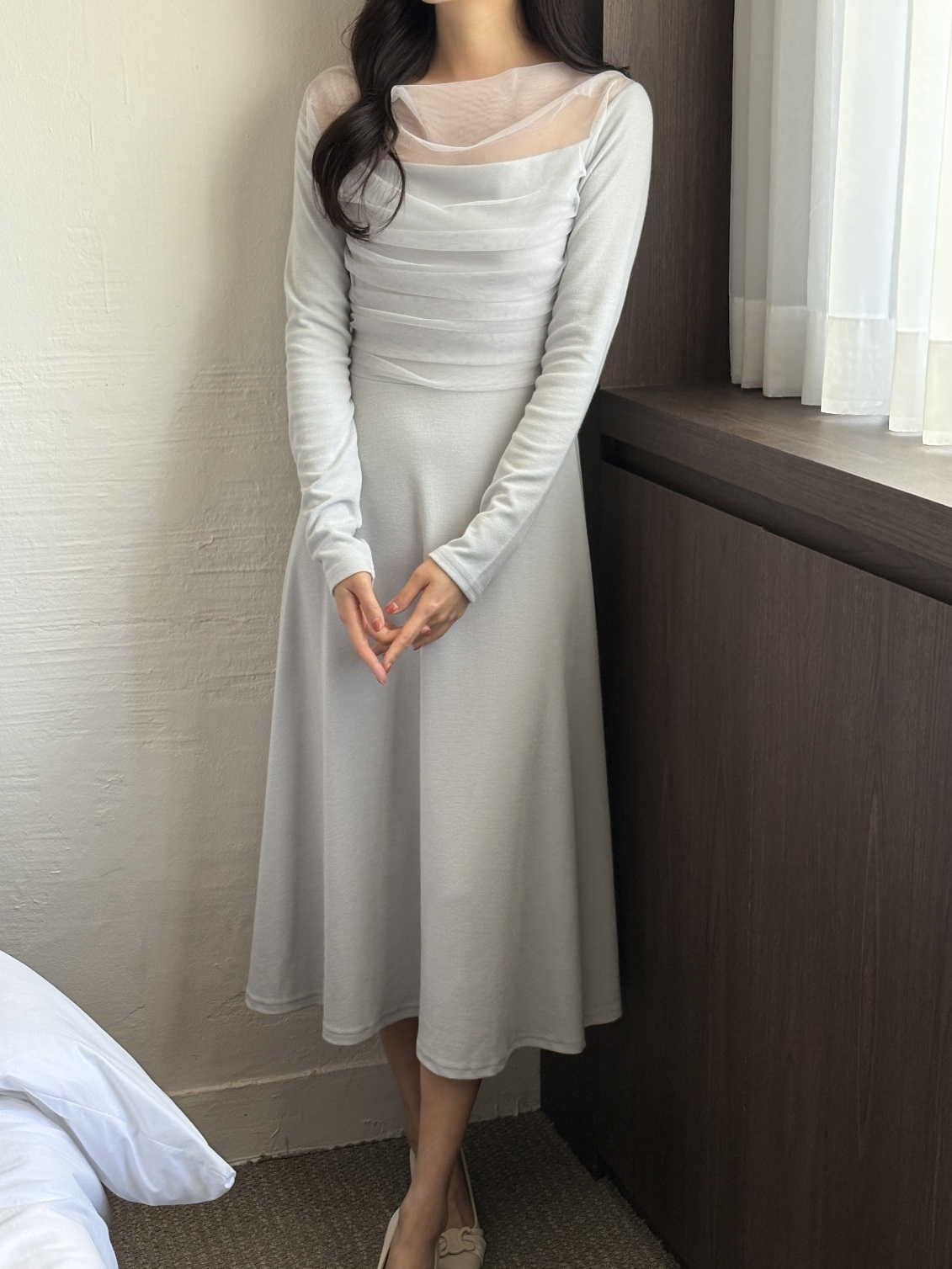 シフォンコンビスリムレイヤード風ロング長袖フレアワンピース | 詳細画像11