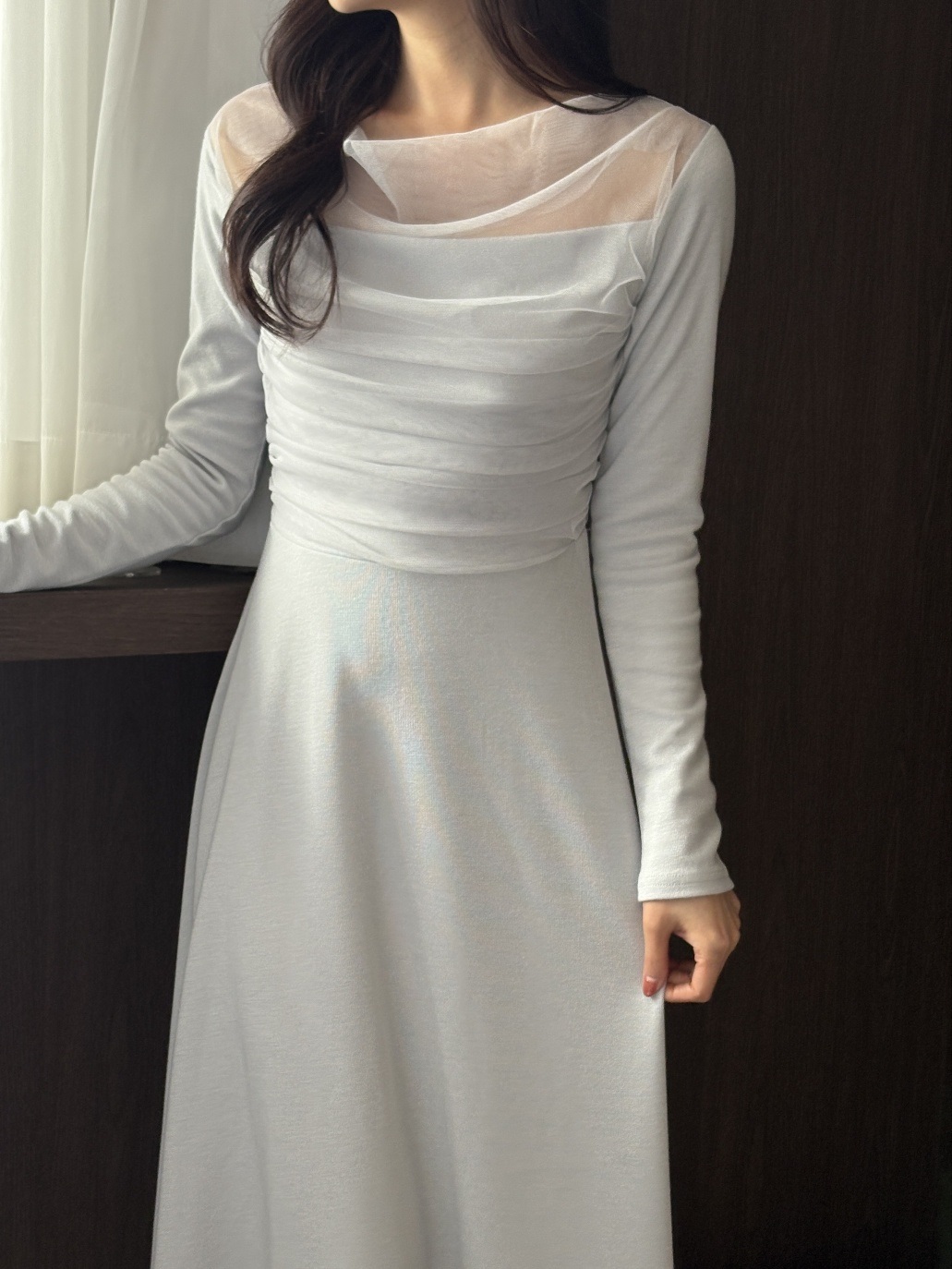 シフォンコンビスリムレイヤード風ロング長袖フレアワンピース | 詳細画像12