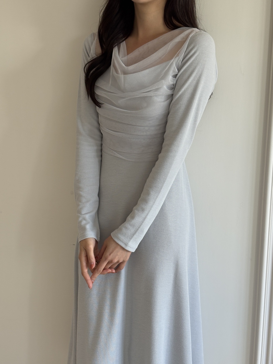 シフォンコンビスリムレイヤード風ロング長袖フレアワンピース | 詳細画像13