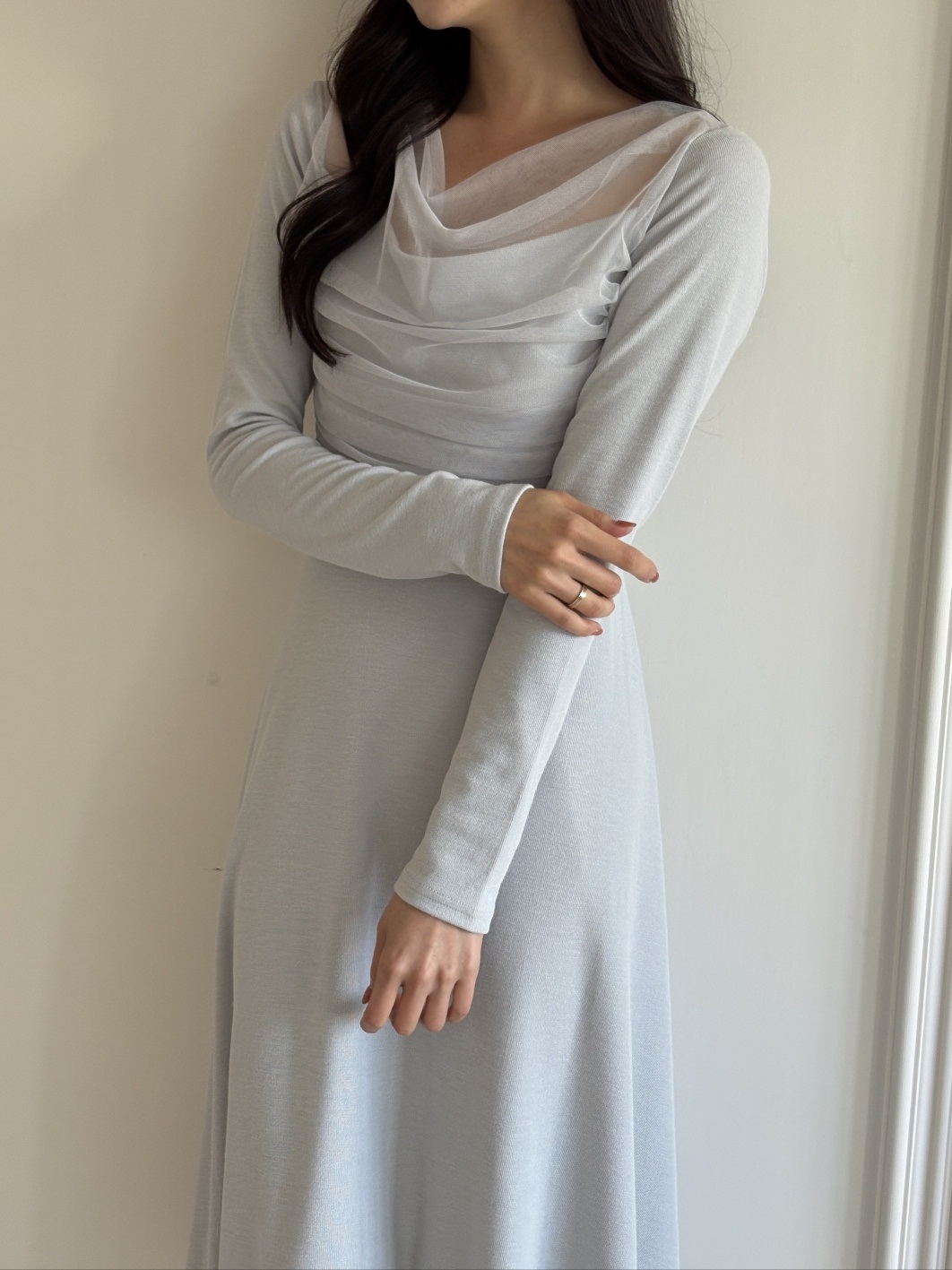 シフォンコンビスリムレイヤード風ロング長袖フレアワンピース | 詳細画像14