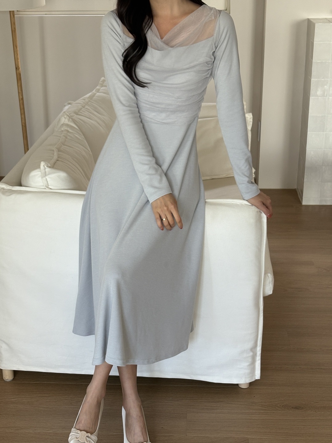 シフォンコンビスリムレイヤード風ロング長袖フレアワンピース | 詳細画像15