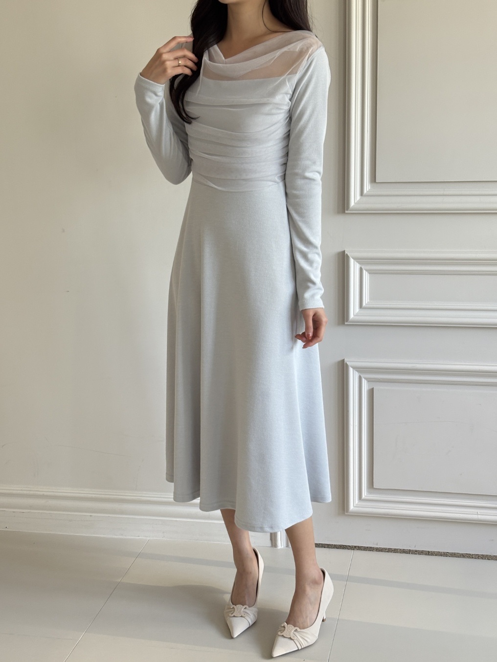 シフォンコンビスリムレイヤード風ロング長袖フレアワンピース | 詳細画像16