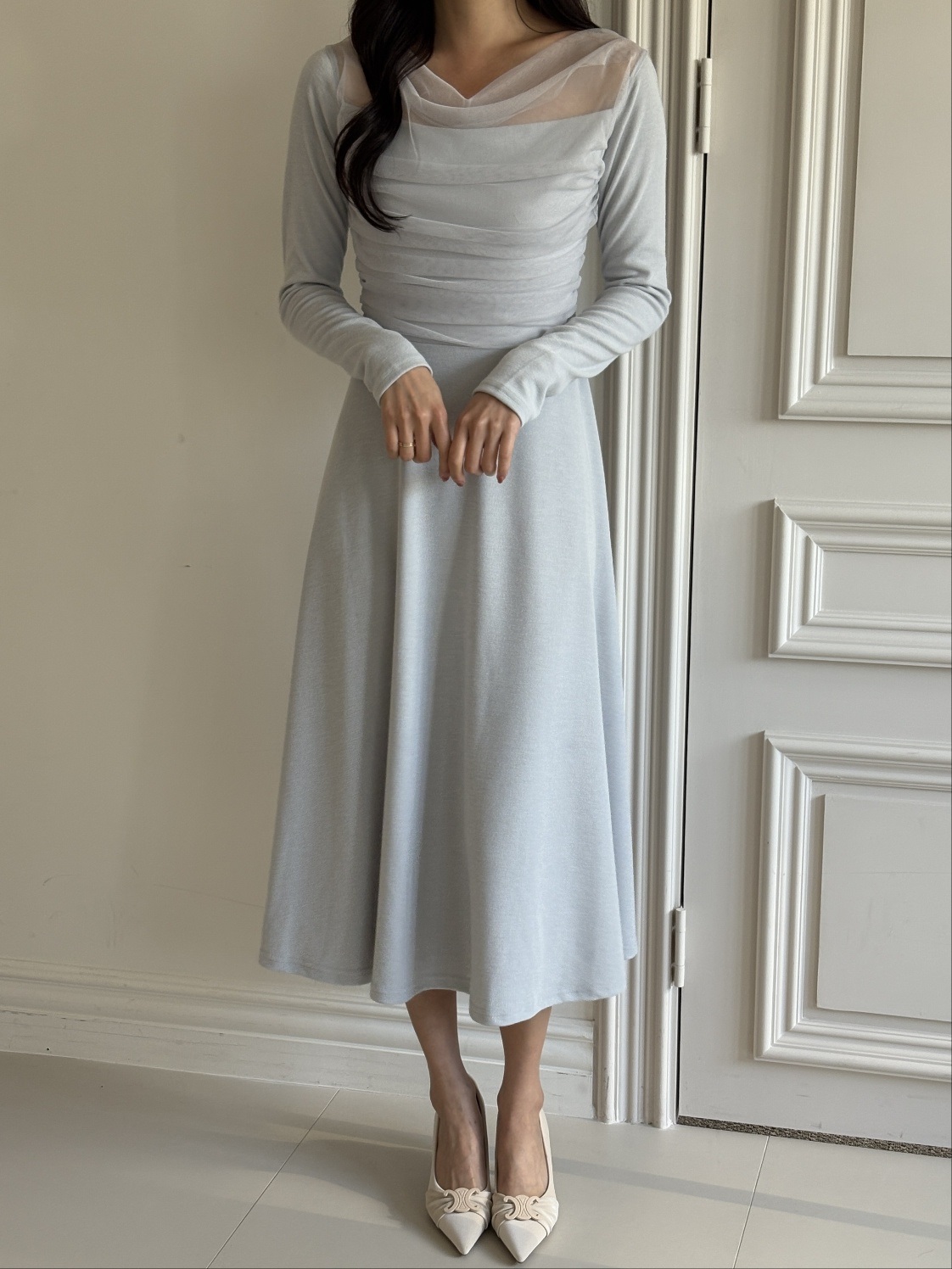 シフォンコンビスリムレイヤード風ロング長袖フレアワンピース | 詳細画像17