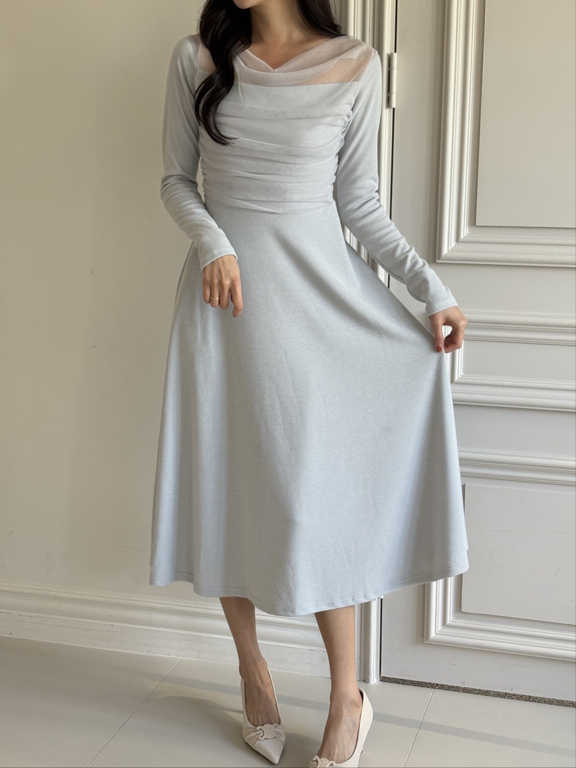 シフォンコンビスリムレイヤード風ロング長袖フレアワンピース | 詳細画像18