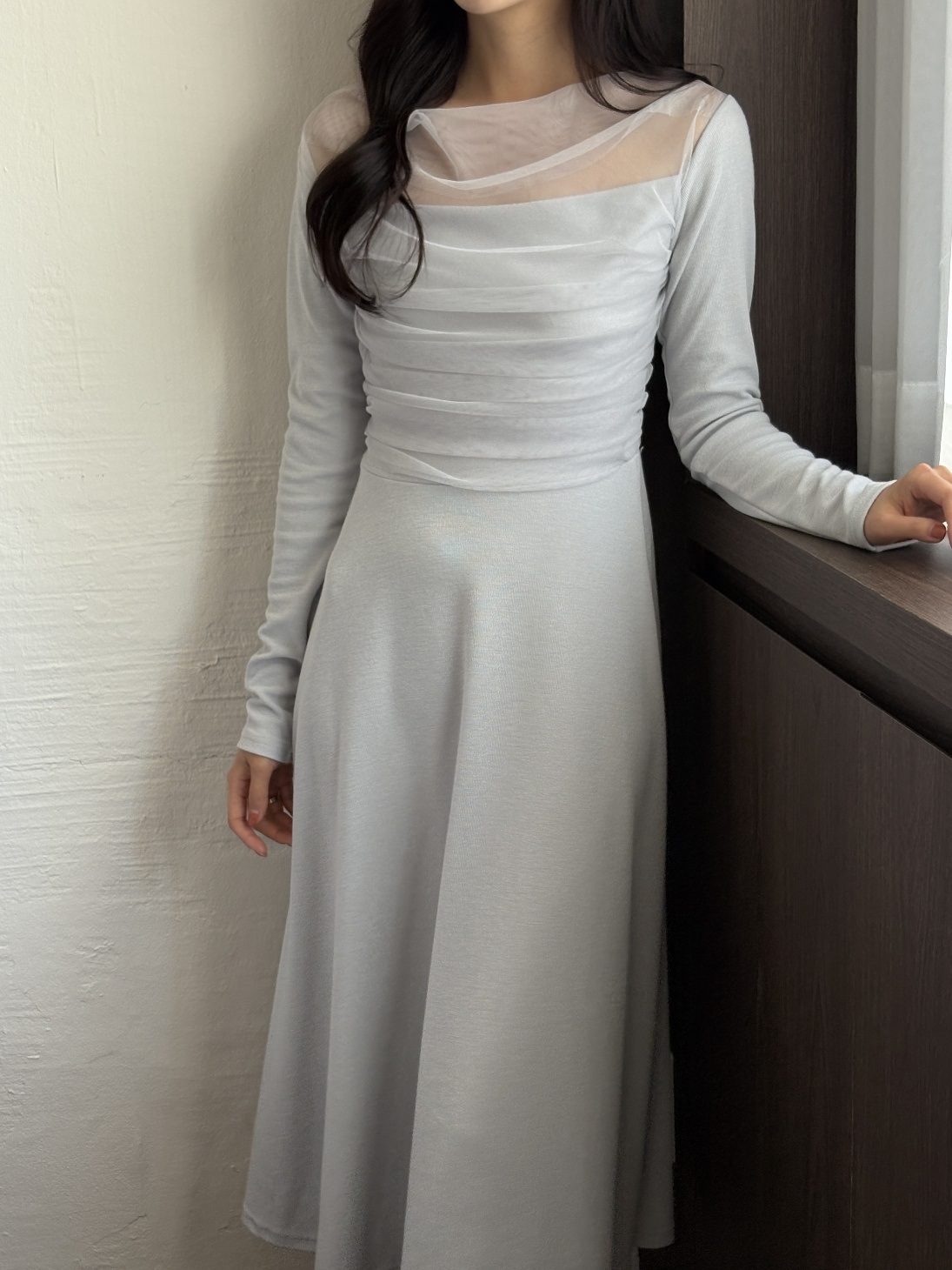 シフォンコンビスリムレイヤード風ロング長袖フレアワンピース | 詳細画像19