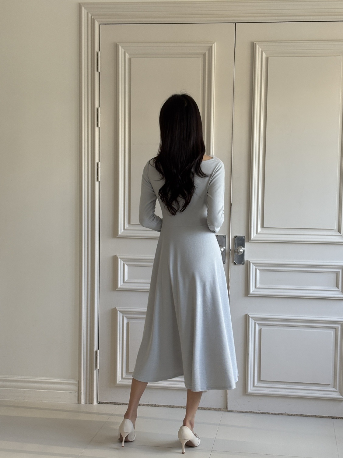 シフォンコンビスリムレイヤード風ロング長袖フレアワンピース | 詳細画像20