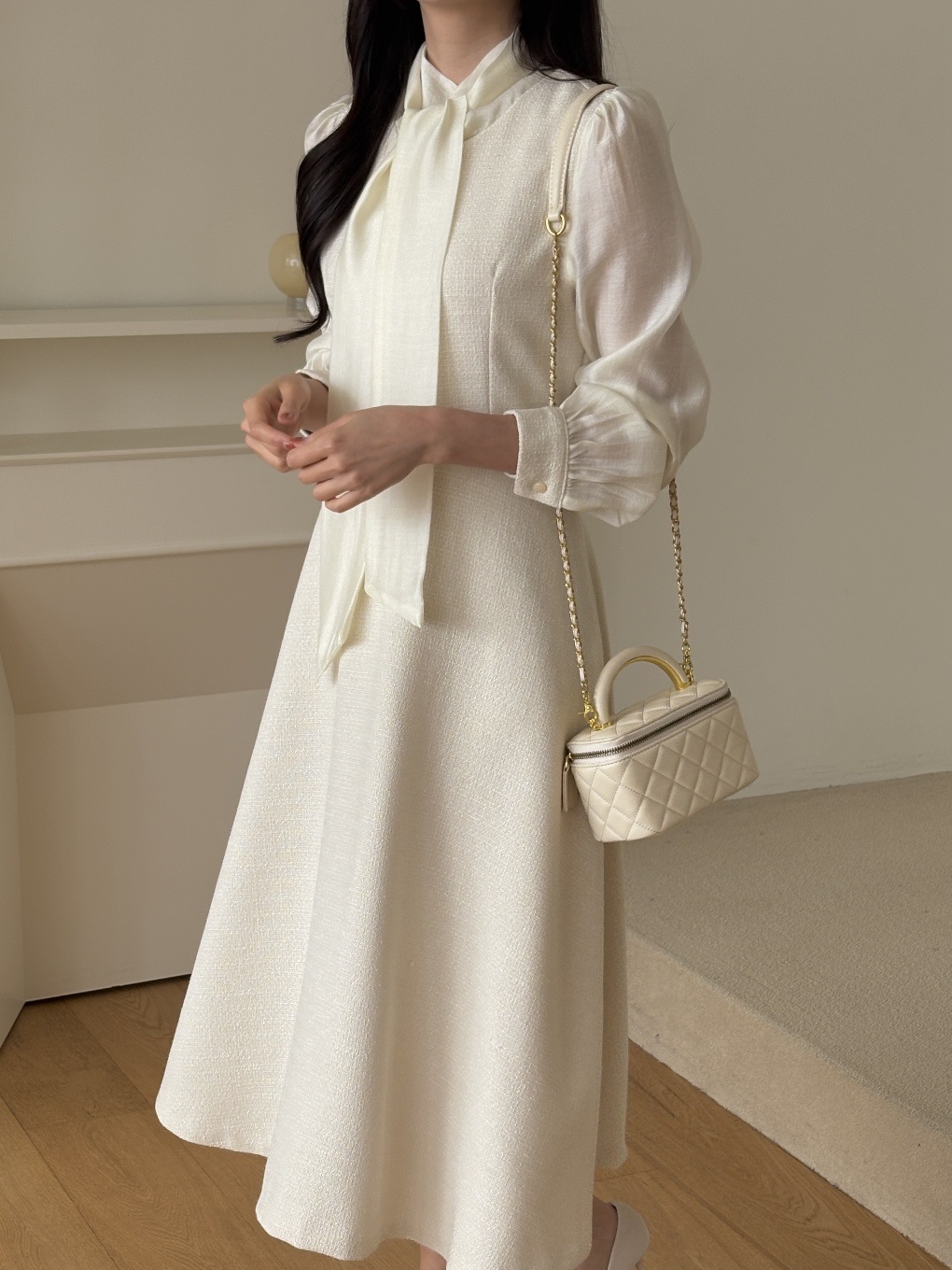 ソフトジップアップスリムロング長袖フレアスカーフネックワンピース | 詳細画像3